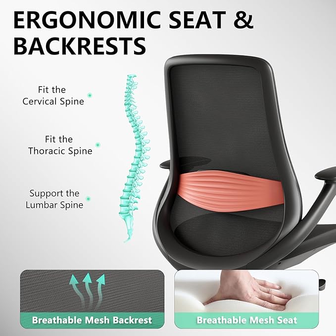 Ergonomic Office Chair, High-Back Mesh Executive Chair with Lumbar Support & 360° Adjustable Arms, Reclining Desk Chair with Tilt Lock for Home Office, Gaming, and Work, 300lb Capacity (Black)