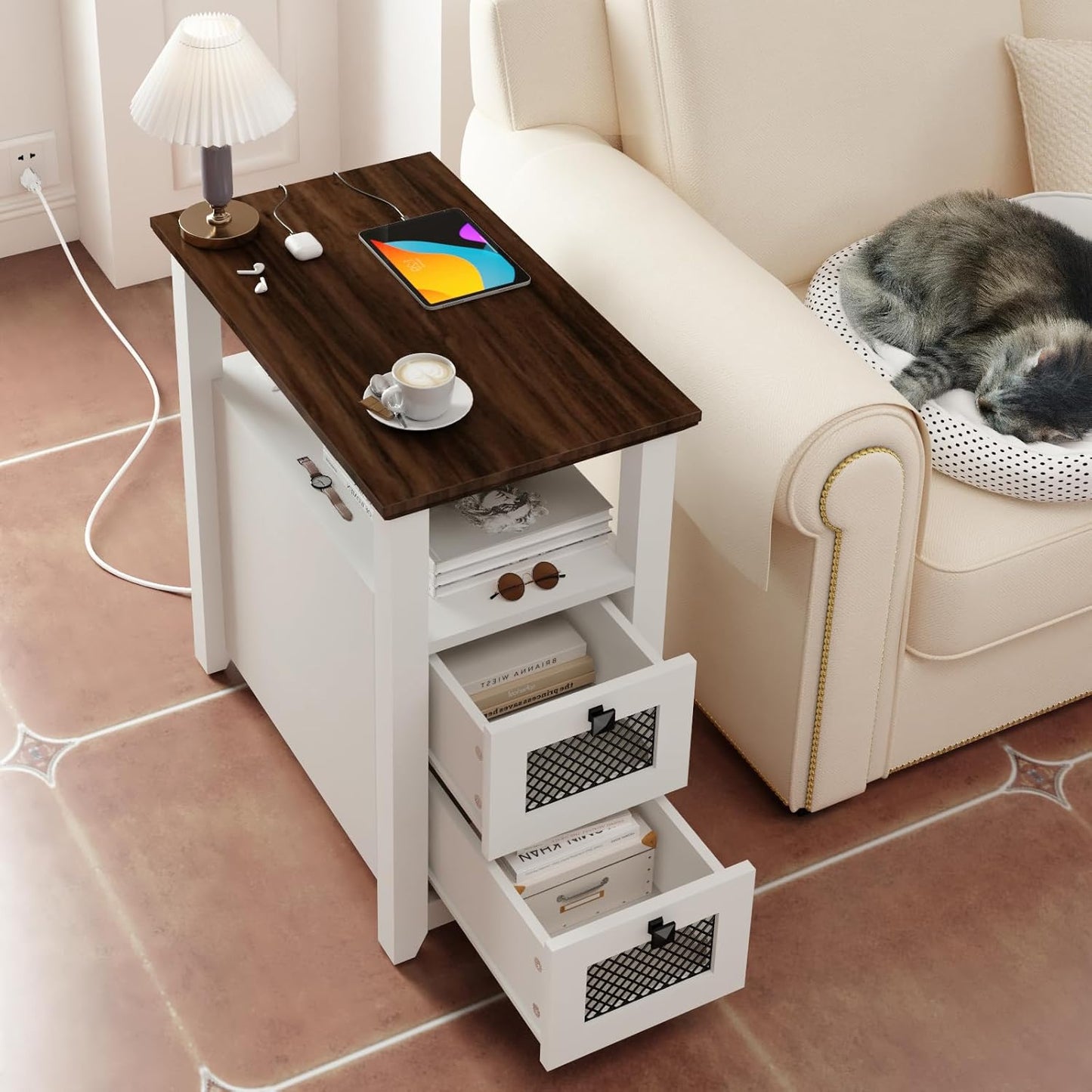 Farmhouse XXL End Table with Charging Station, Narrow Side Table with USB Ports and Outlets, Nightstand with 2 Drawers Storage, Bedside Tables for Living Room, Bedroom, Rustic Walnut White