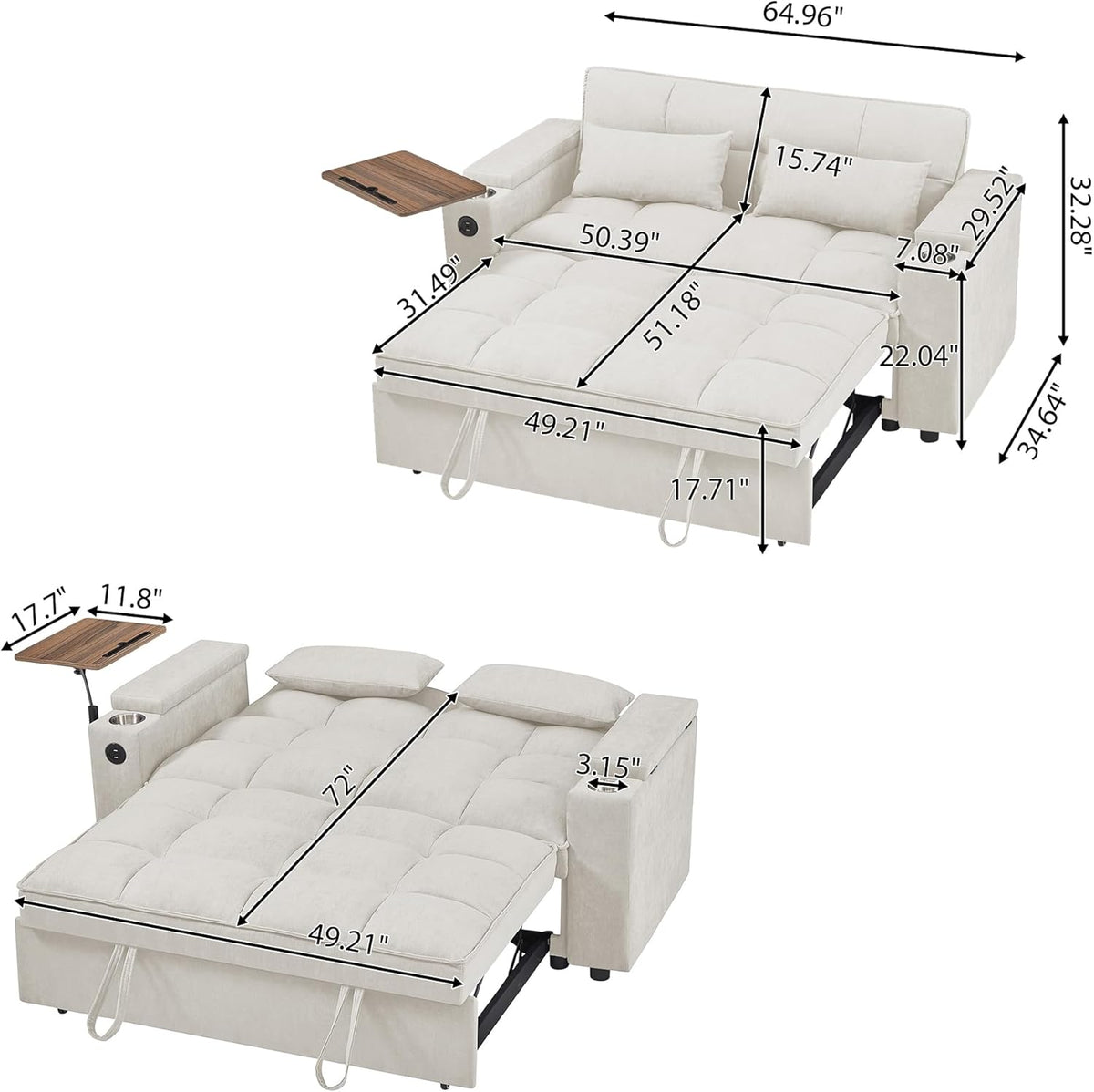65-inch Multifunctional Loveseat Pull Out Sleeper Sofabed W/Cupholders, Oversized 3-in-1 Convertible Love Seat with Pull-Out Sleeper Couch Bed, Storage, USB Ports, Side Table for Living Room Bedroom