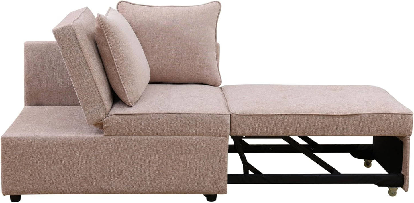 Sleeper Sofa, 4-in-1 Convertible Ottoman Couch Bed, Modern Sackcloth Futon Sofa Bed with 2 Pillows Adjustable Backrest, Recliner Folding Loveseat for Living Room, Apartment Dorm, Office,Pink