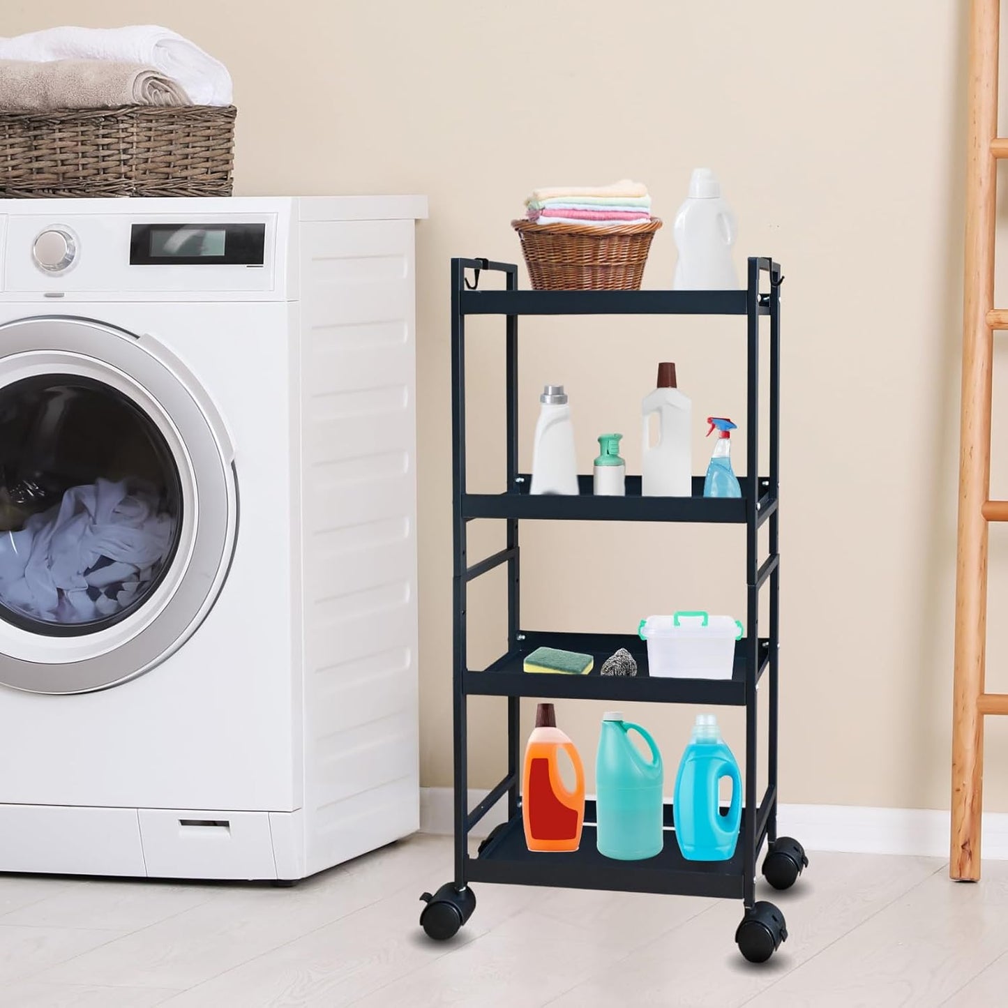 Beyeutao 4 Tier Slim Storage Cart with Wheels Black Rolling Utility Cart Bathroom Storage Organizer Narrow Storage Cabinet for Kitchen, Bedroom, Laundry Room, Bathroom