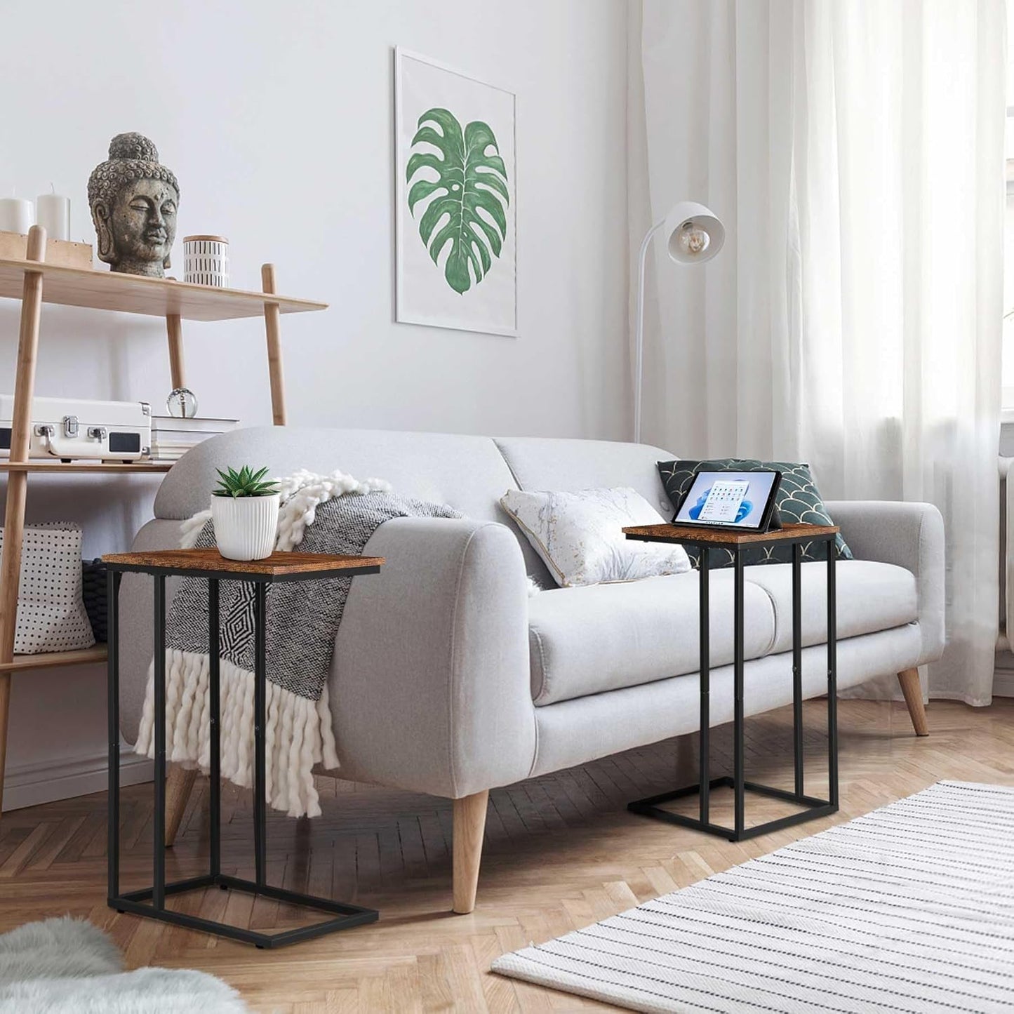 C Shaped Side Table Set of 2, Skinny Sofa Table for Sofa and Bed, Couch Tables That Slide Under, Small End Tables for Living Room, Bedroom or Small Spaces, Rustic Brown