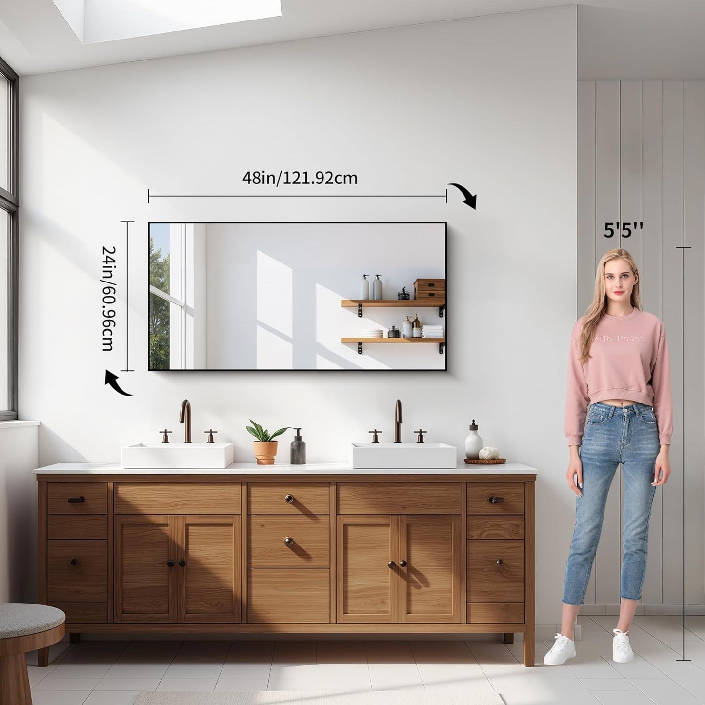 YIROMAN Bathroom Mirror 48"x24", Large Brushed Silver Bathroom Mirror for Over Sink with Aluminum Frame, Rectangular Vanity Mirror with Right Angle, Wall Mirror Hangs Horizontal or Vertical