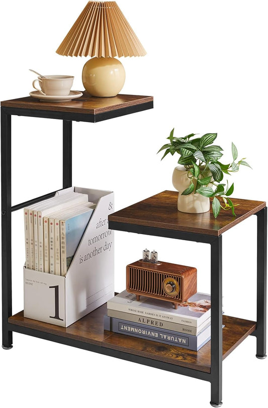 G-Shaped End Table, 3 Tier Side Table with Metal Frame for Living Room Corner Tables, Balcony, Couch, Bedroom Rustic Brown YD-TM053H