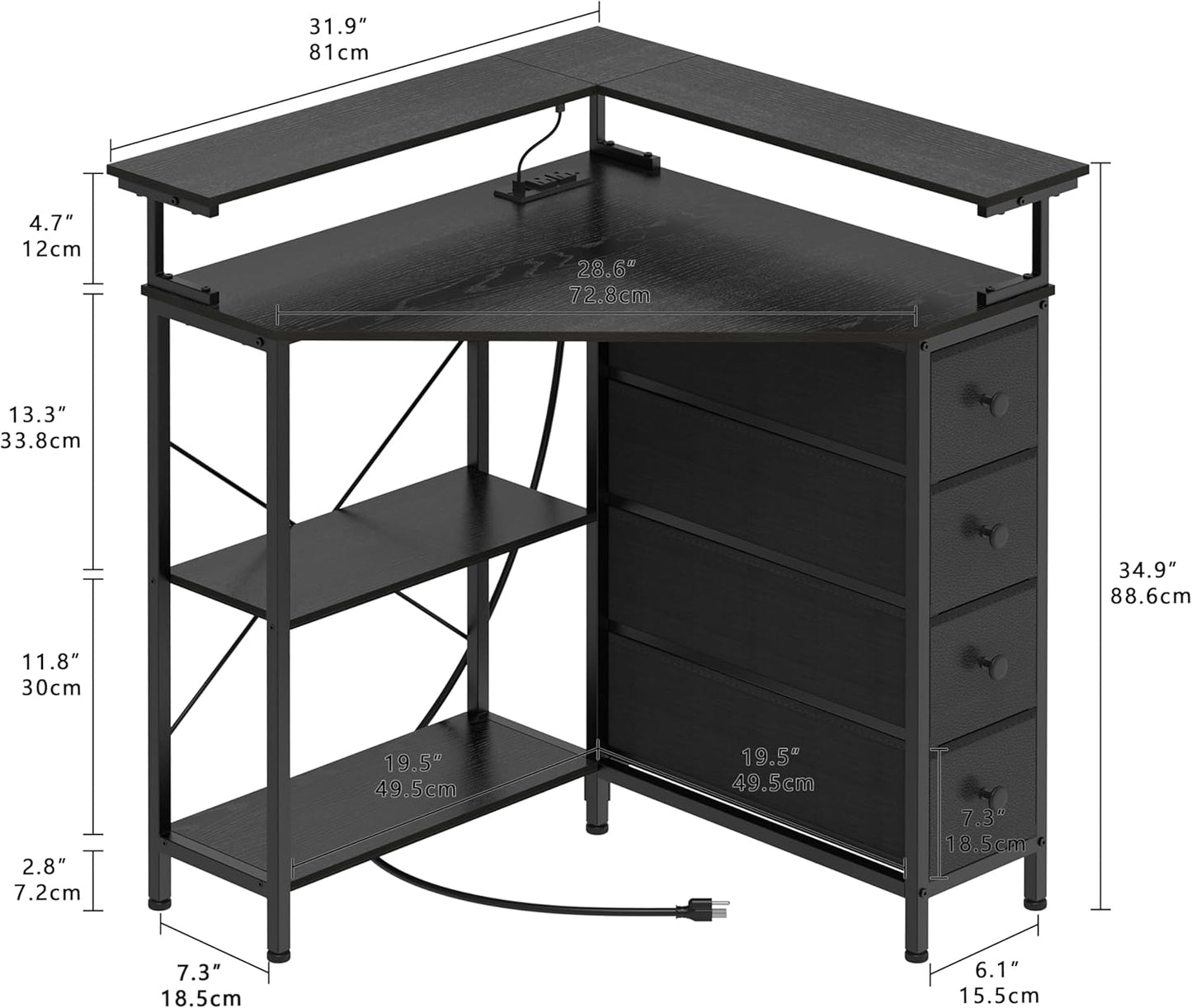Corner Desk with Drawers Shelves for Small Space 90 Degrees Triangle Computer Desk with Power Outlets,Gaming Desk with LED Lights Monitor Stand for Home Office Workstation Writing Table (Black)
