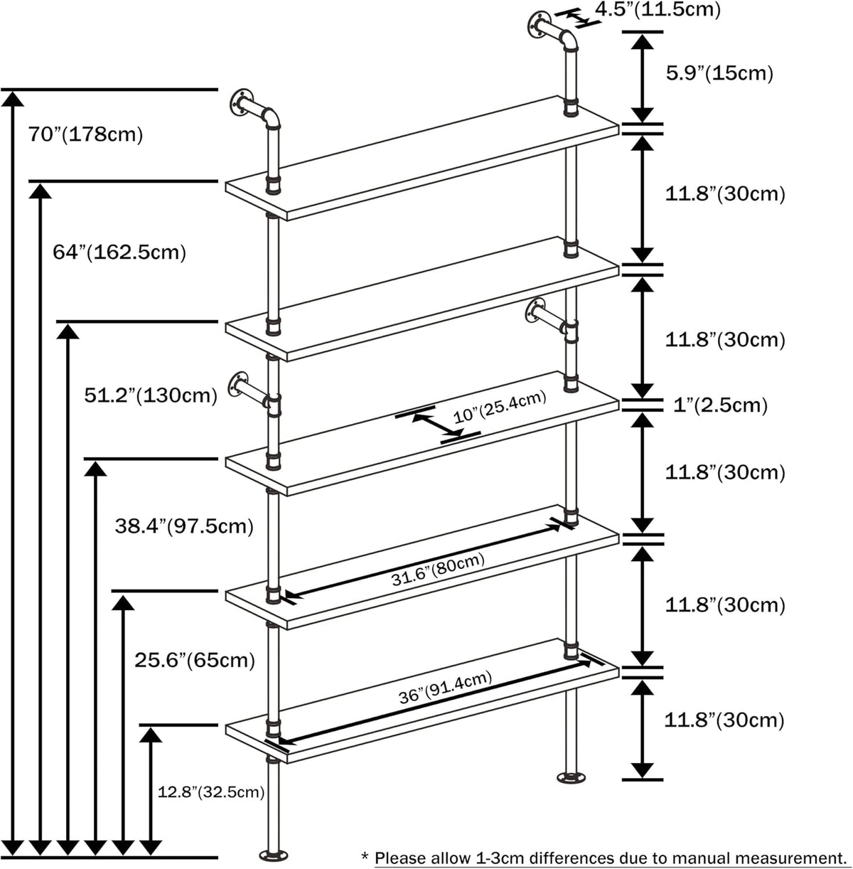 Ladder Pipe Shelves, Wall Mounted Industrial Shelves for Living Room Storage (White, 5 Tier - 10" D x 36" W x 70" H)