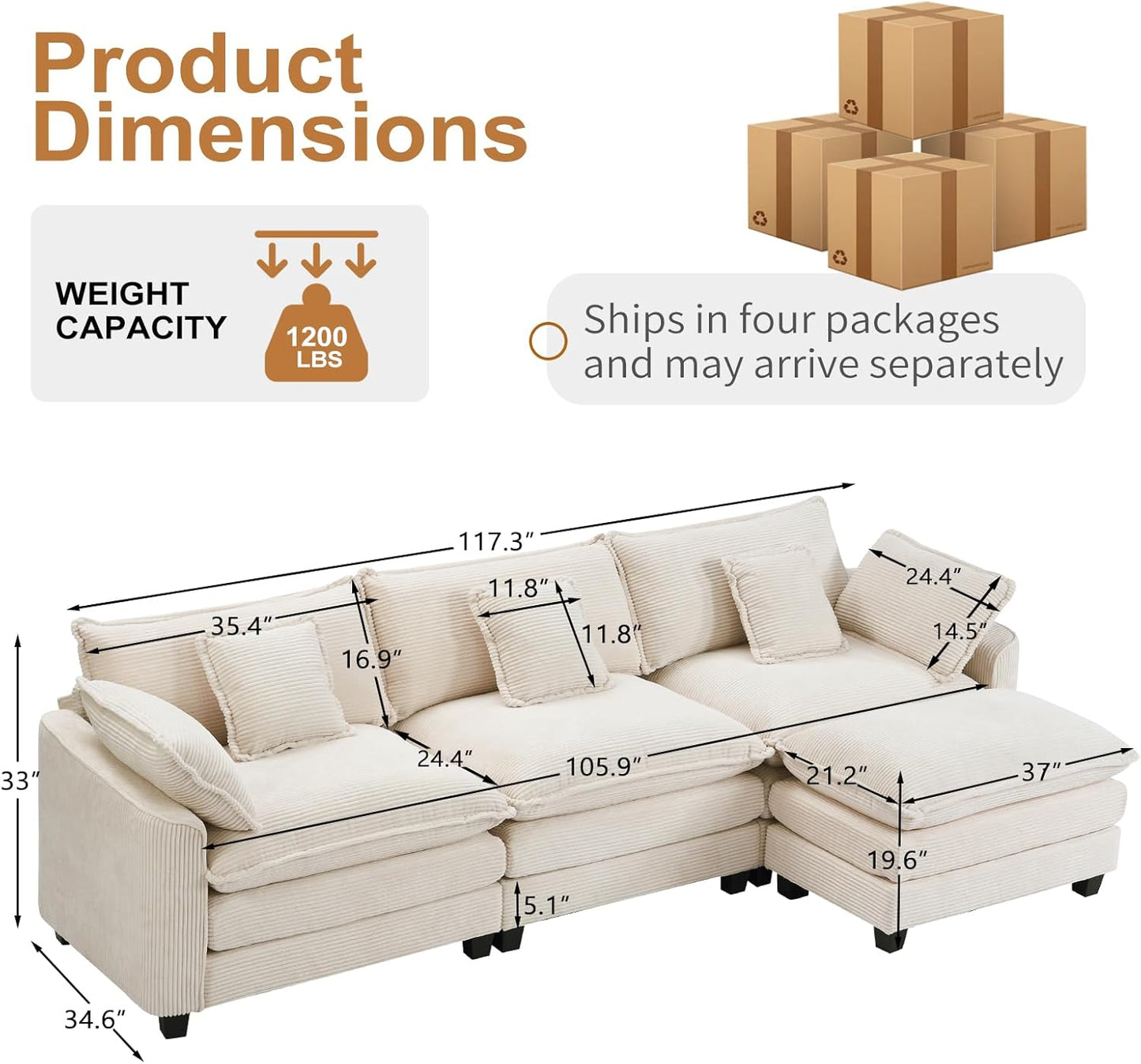 Furniliving 117‘’ L-Shaped Sofa, Luxury Corduroy Modular Sectional Couches with Ottoman, Upholstered Deep Seat Sleeper Sofa with Memory Foam and Waist Pillows, Beige