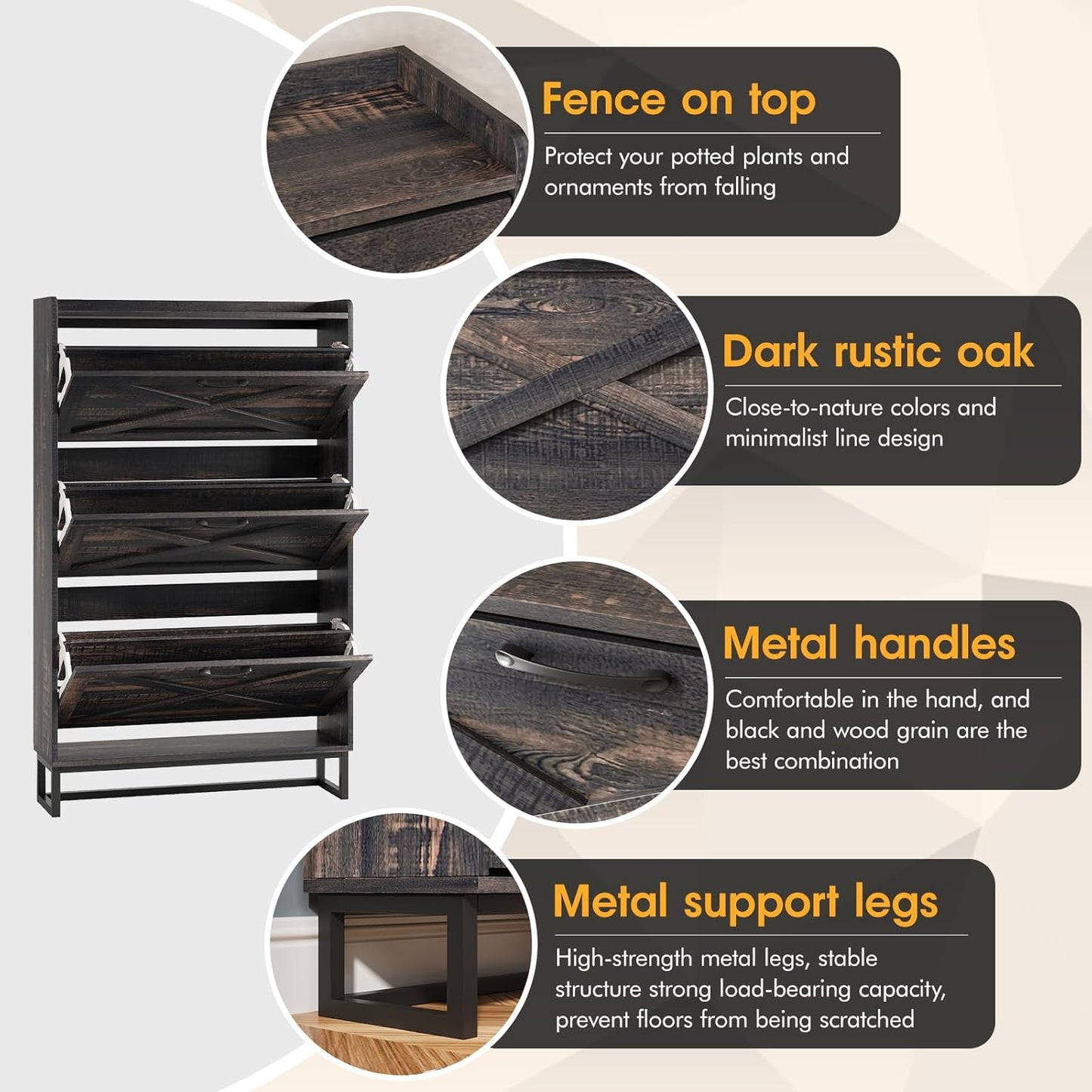 Maupvit Shoe Storage Cabinet with 3 Flip Drawers, Freestanding Organizer with Metal Legs for Entryway, Narrow Shoe Rack Cabinet, Dark Rustic Oak