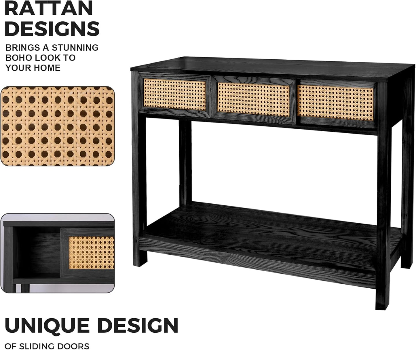 ZYBT Long Console Table, Rattan Entry Table, Console Tables for Entryway, Narrow Wood Console Table with Storage, Black Couch Table Hallway Table Boho Sofa Table for Living Room