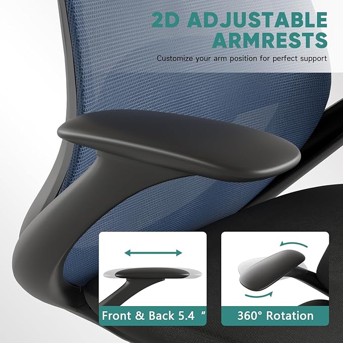 Ergonomic Mesh Office Chair, 330LBS Executive Desk Chair with Lumbar Support, 2D Armrests, Comfy Swivel Computer Task Chairs for Long Hours (Blue)