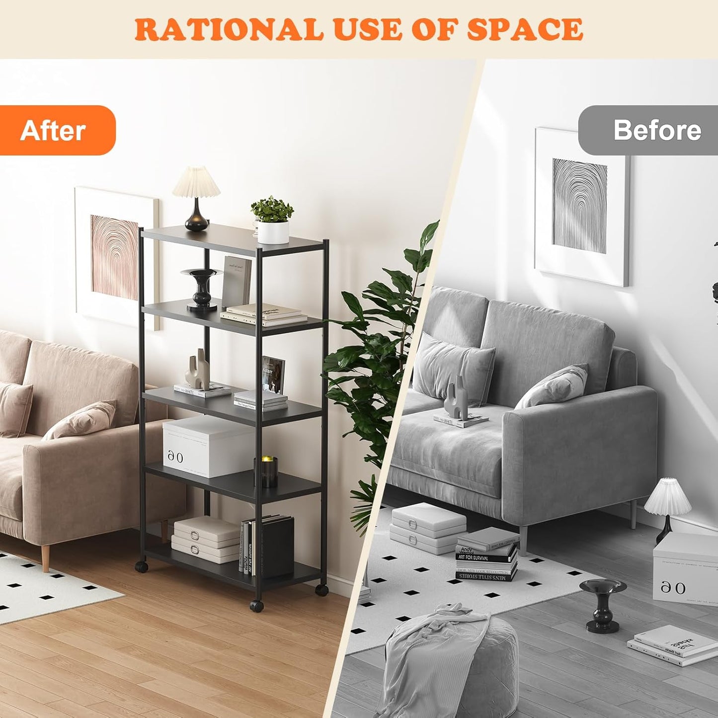 ZZL 5 Tier Large Bookshelf 31.49" Width,Tall Book Shelf Storage and Organization w/Wheels,Industrial Book Shelves for Home Office,Bedroom,School,Living Room(Black)