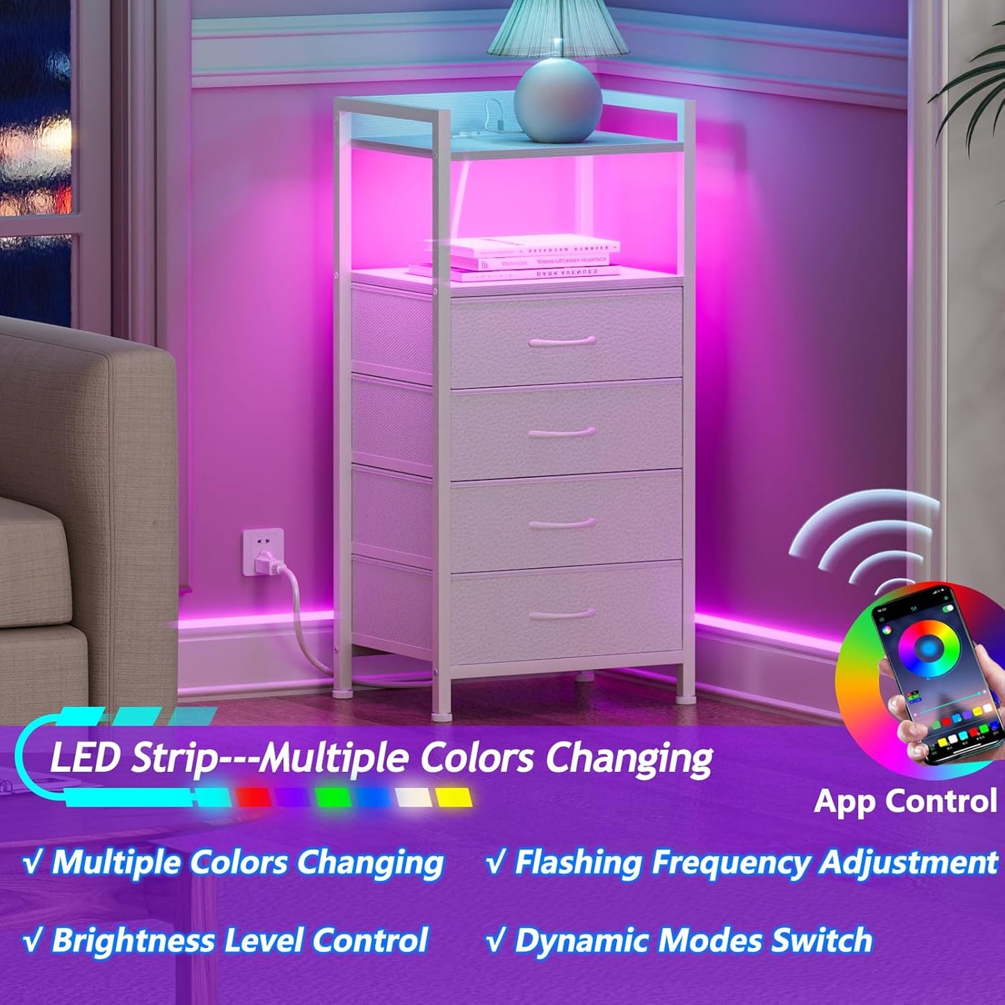 Furnulem White Nightstand with Charging Station, Night Stand Side Table with Led Light, Tall Dresser for Bedroom with 4 Fabric Storage Drawers, Metal Frame, Wood Shelf(White)
