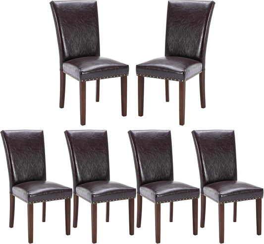 COLAMY Upholstered Parsons Dining Chairs Set of 6, PU Leather Dining Room Kitchen Side Chair with Nailhead Trim and Wood Legs - Dark Brown
