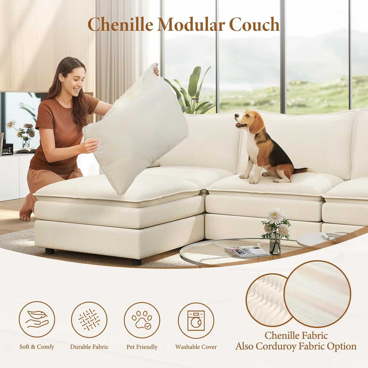 Vesgantti Large Modular Sectional Sofa, Big Comfy Cloud Couch with Ottoman Deep Seat Chenille Cloud Sofa, 9 Seater Large Sectional Couches for Living Room, Bedroom and Apartment, Beige