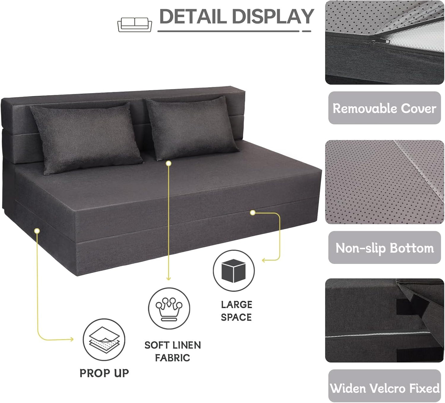 Folding Sofa Bed, Foldable Bed Sleeper Chair with Pillow, Convertible Sofa Bed with Washable Cover, Fold Out Couch,Futon Couch for Living Room, Dorm, Guest Room, Queen Size, Dark Grey