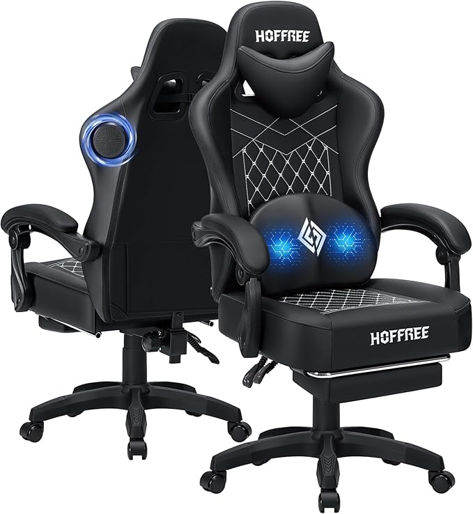 HOFFREE Gaming Chair with Speakers Massage Computer Gaming Chairs for Adults Reclining Bluetooth Game Chairs with Pocket Spring Cushion Video Game Chair with Footrest Computer Office Desk Chair Black