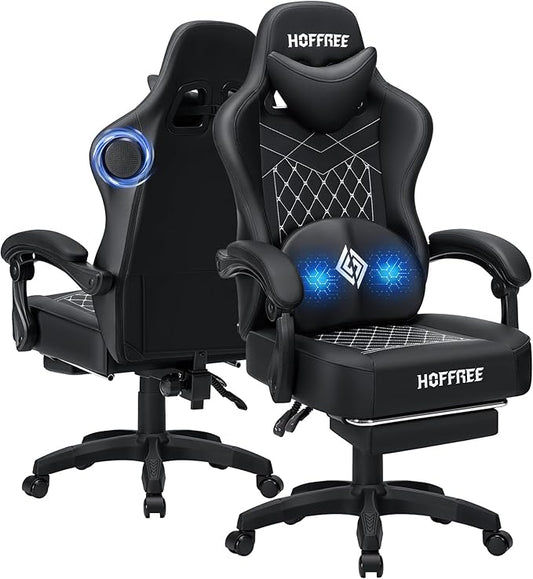 HOFFREE Gaming Chair with Speakers Massage Computer Gaming Chairs for Adults Reclining Bluetooth Game Chairs with Pocket Spring Cushion Video Game Chair with Footrest Computer Office Desk Chair Black