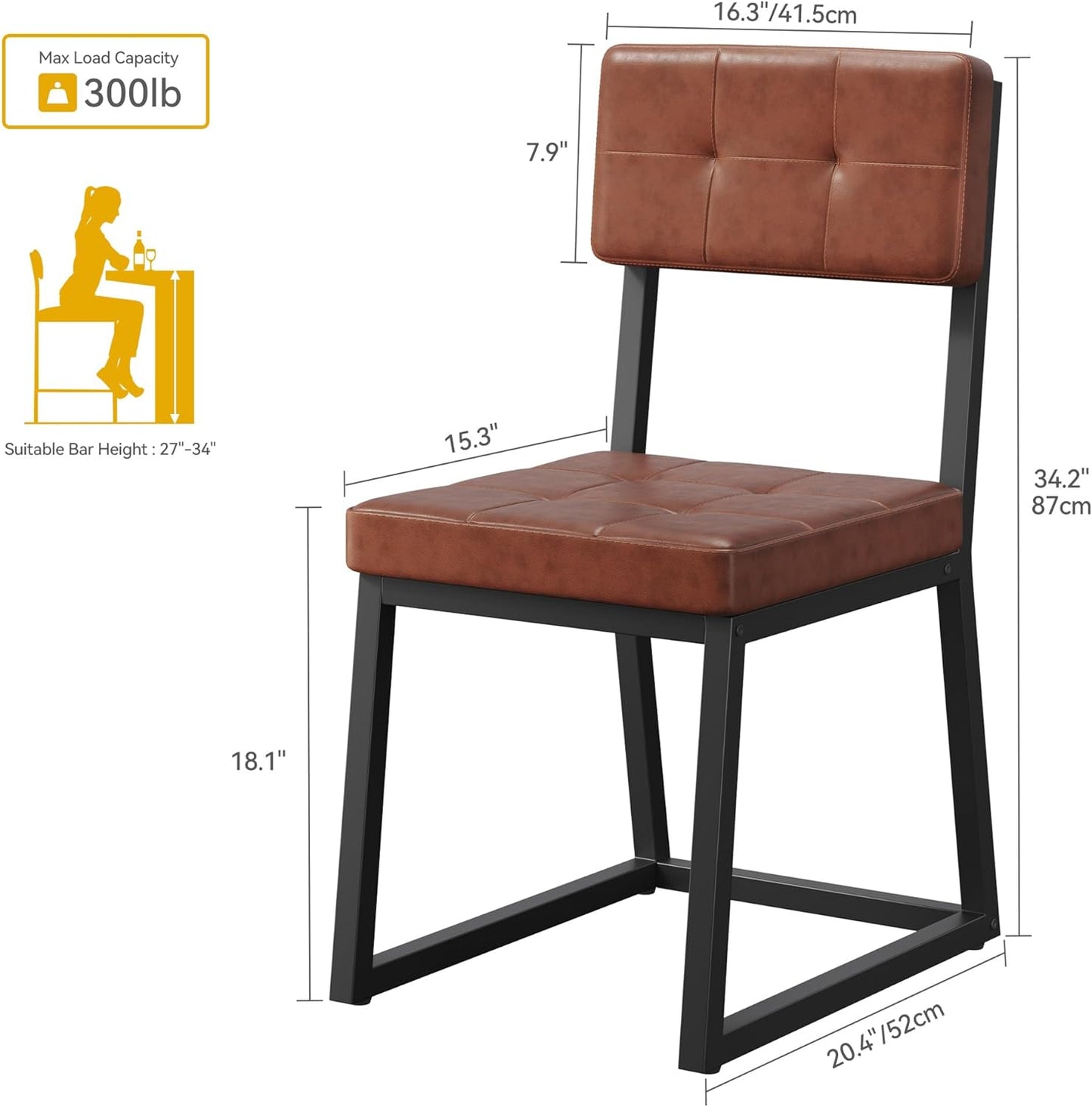 DWVO Modern Dining Chairs Set of 2 Brown Upholstered Kitchen Chairs with Faux Leather Cushion Seat and Heavy Duty Metal Leg for Kitchen Living Room Restaurant, Brown