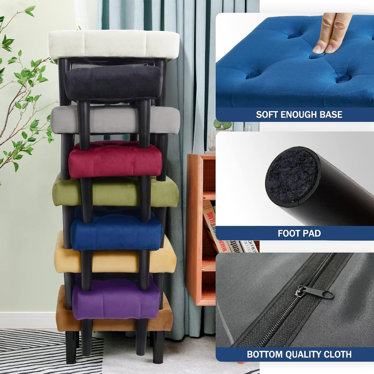 HOUCHICS Small Footstool Ottoman, Velvet Wooden Foot Stool Ottoman with Wood Legs, Sofa Footrest Extra Seating for Living Room Entryway Office(Blue 2PACK)