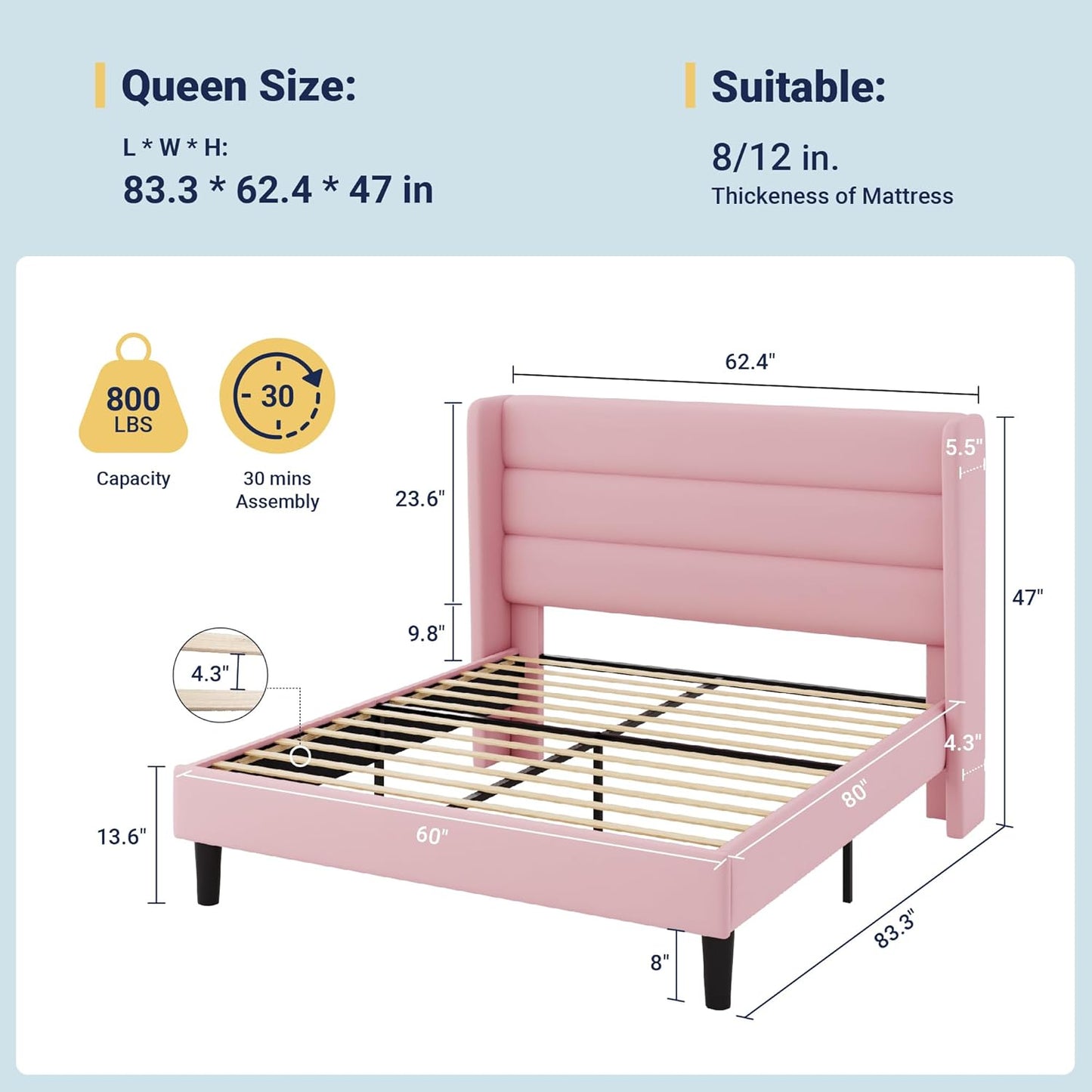 Allewie Queen Size Platform Bed Frame with Velvet Upholstered Wingback Headboard, No Box Spring Needed, Under Bed Storage Space, Strong Wooden Slats, Modern Mattress Foundation, Easy Assembly, Pink