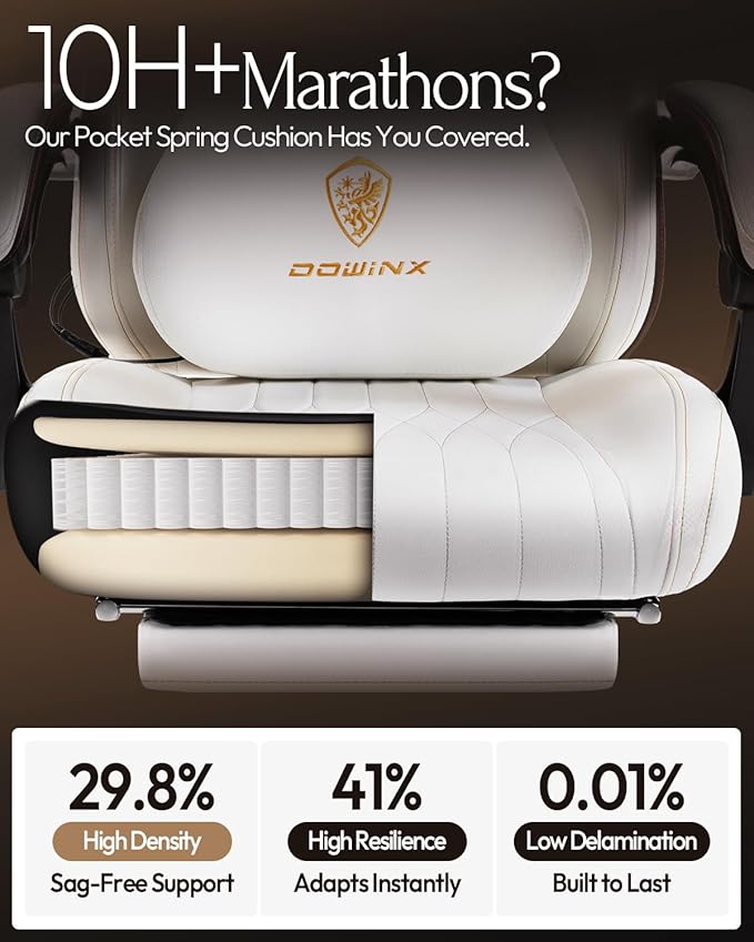 Dowinx Gaming Video Gaming Chair with Shiatsu Neck Massager and Lumbar Support for Home Office High Back Recliner Height Adjustable Ergonomic Comfy Leather Computer Desk Chair (Lvory)