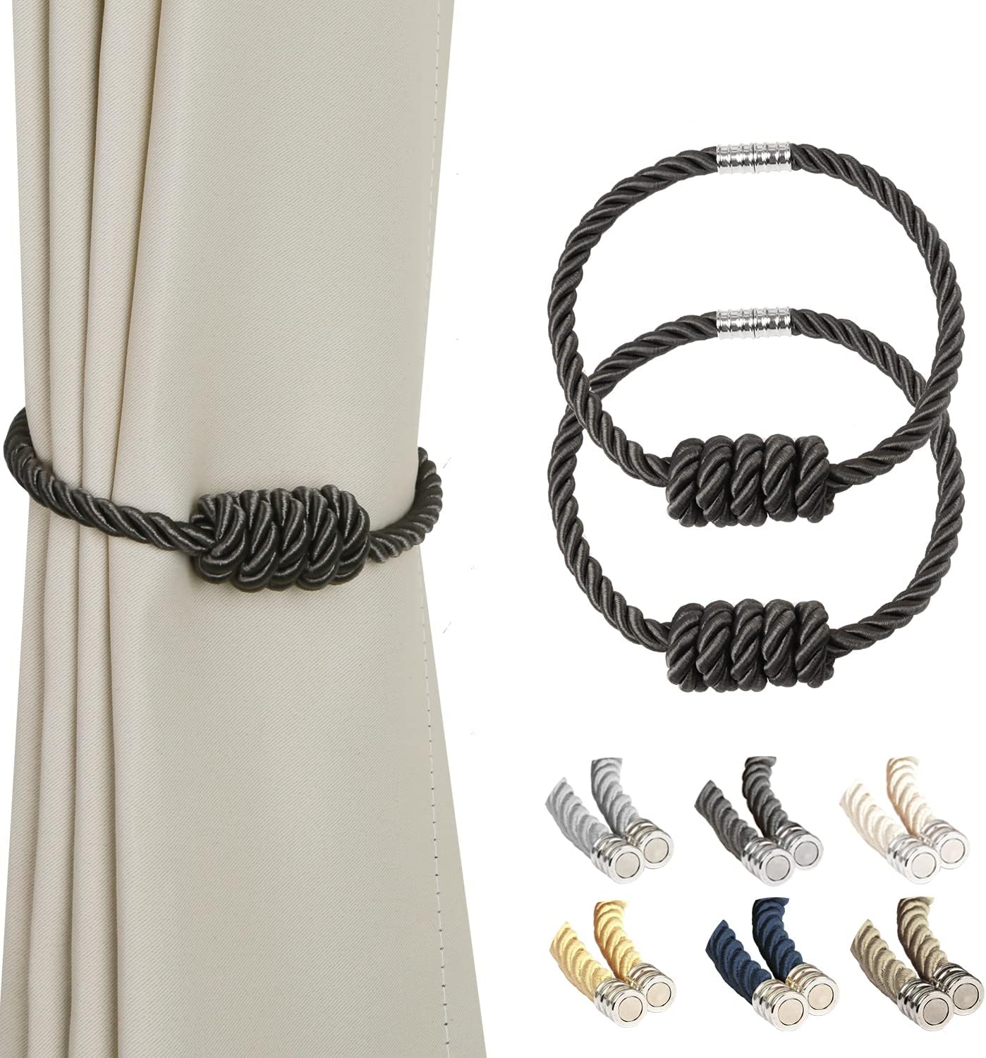 BEL AVENIR Magnetic Curtain Tiebacks, Decorative Drapery Holdbacks Modern Woven Tie-Backs with Exquisite Knot (Charcoal, 2 Pack)