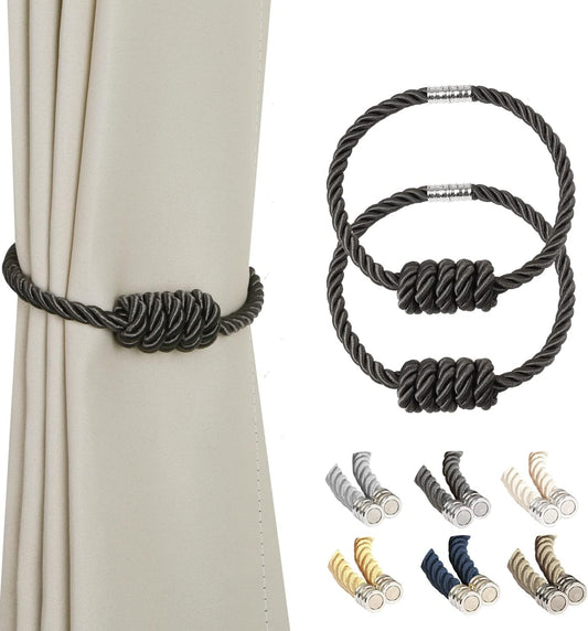 BEL AVENIR Magnetic Curtain Tiebacks, Decorative Drapery Holdbacks Modern Woven Tie-Backs with Exquisite Knot (Charcoal, 2 Pack)