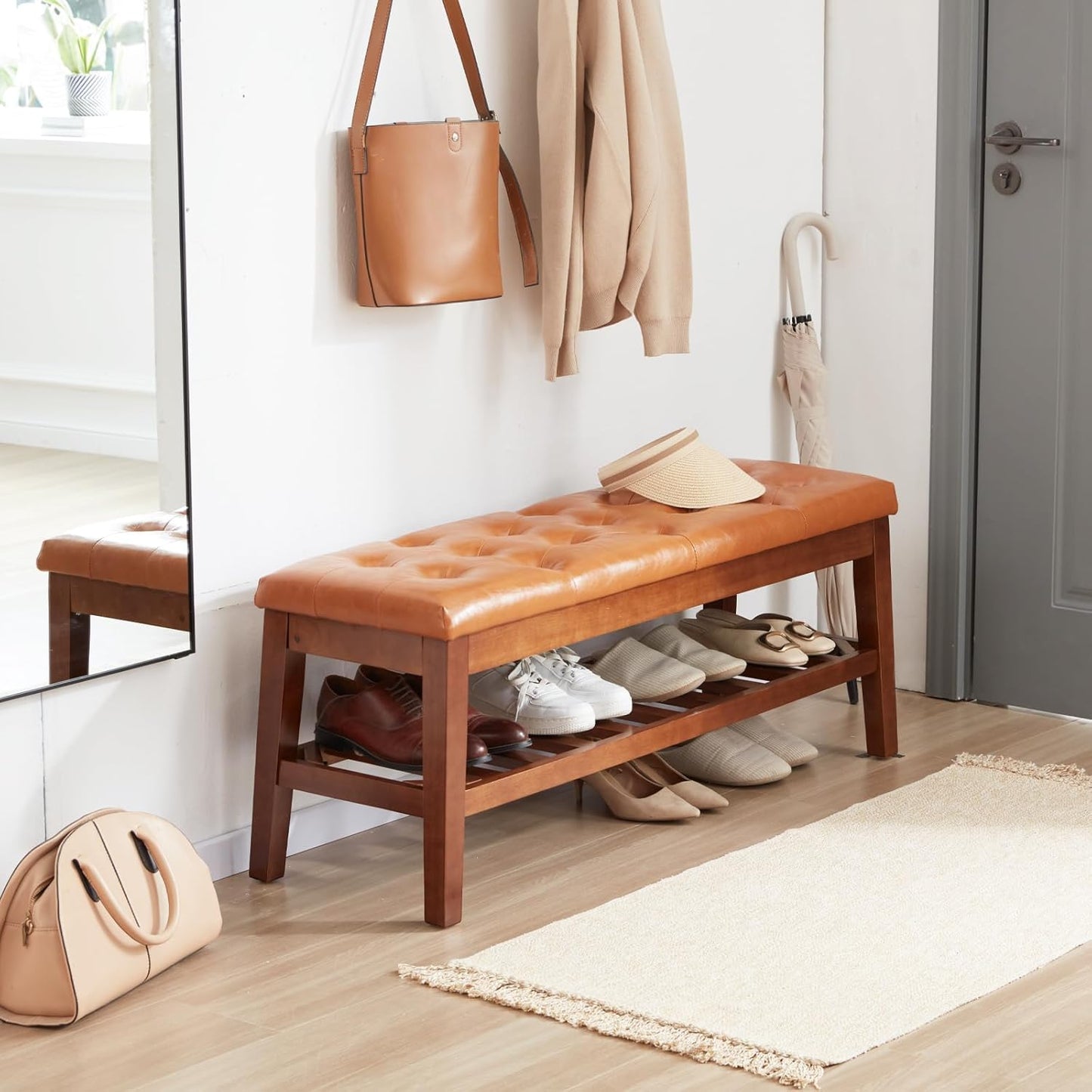 Upholstered Shoe Bench Entryway Bench for Bedroom, End of Bed, Ottoman Bench Tufted Padded Seat with Solid Wood Shelf for Living Room, Faux Leather Cognac Brown