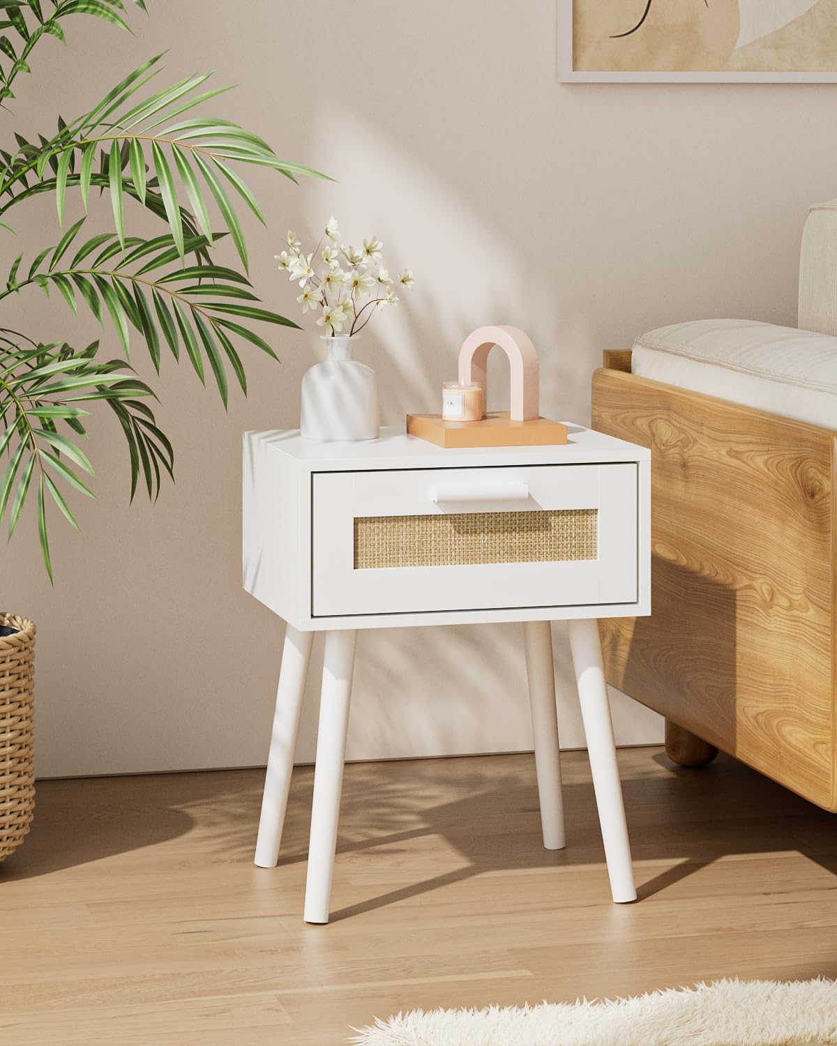 Bedroom Nightstands Wooden Night Stands with Rattan Weaving Drawer Home Bedside End Table for Bedroom Storage (Bohemian-White)