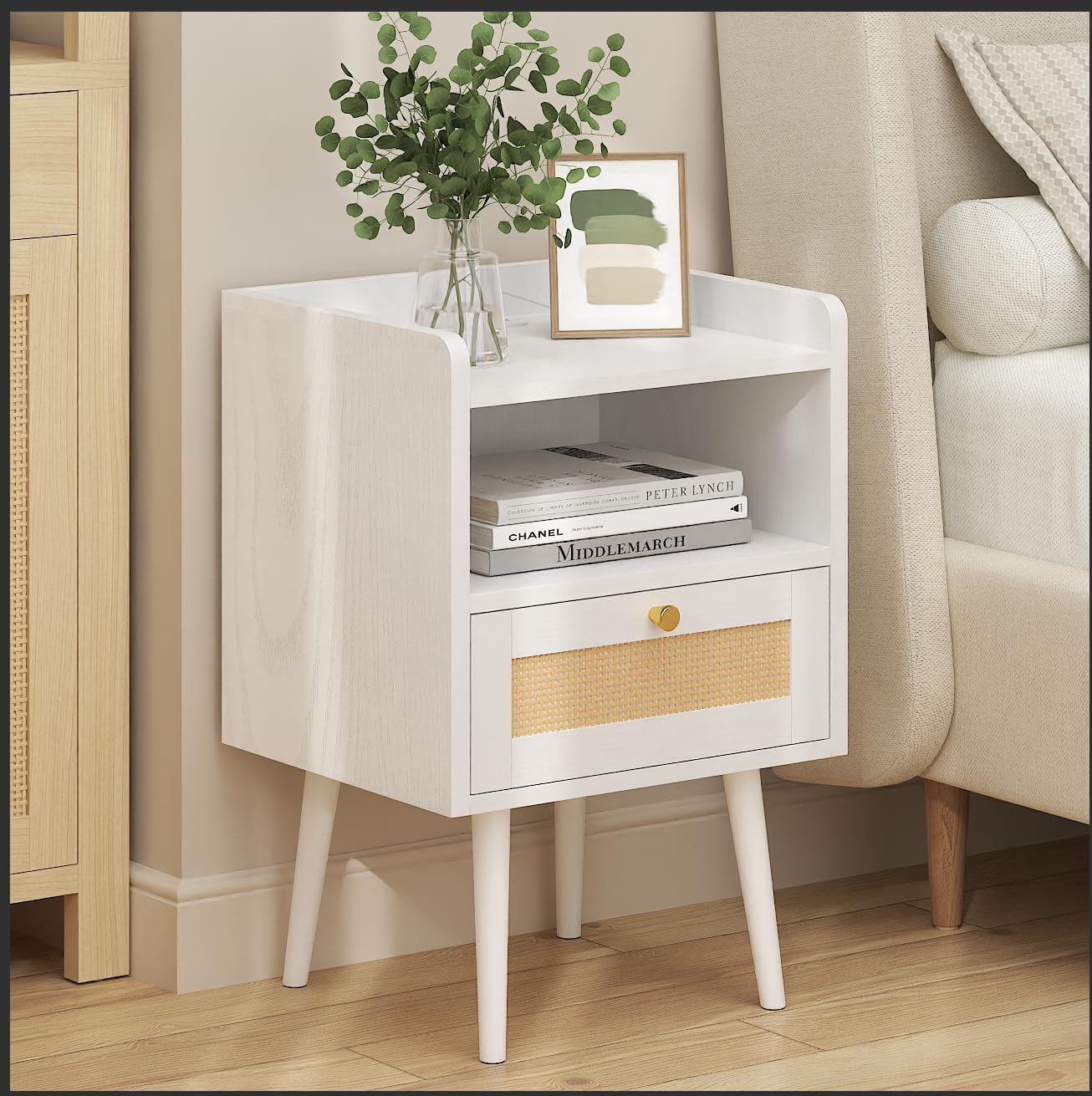 Nightstand Rattan with Charging Station, Mid Century Modern Bed Side Table, Boho End Table with Wood Legs, Bedside Tables for Bedroom Living Room (2, White, 11.8" D x 15.9" W x 23.4" H (1 Drawers))