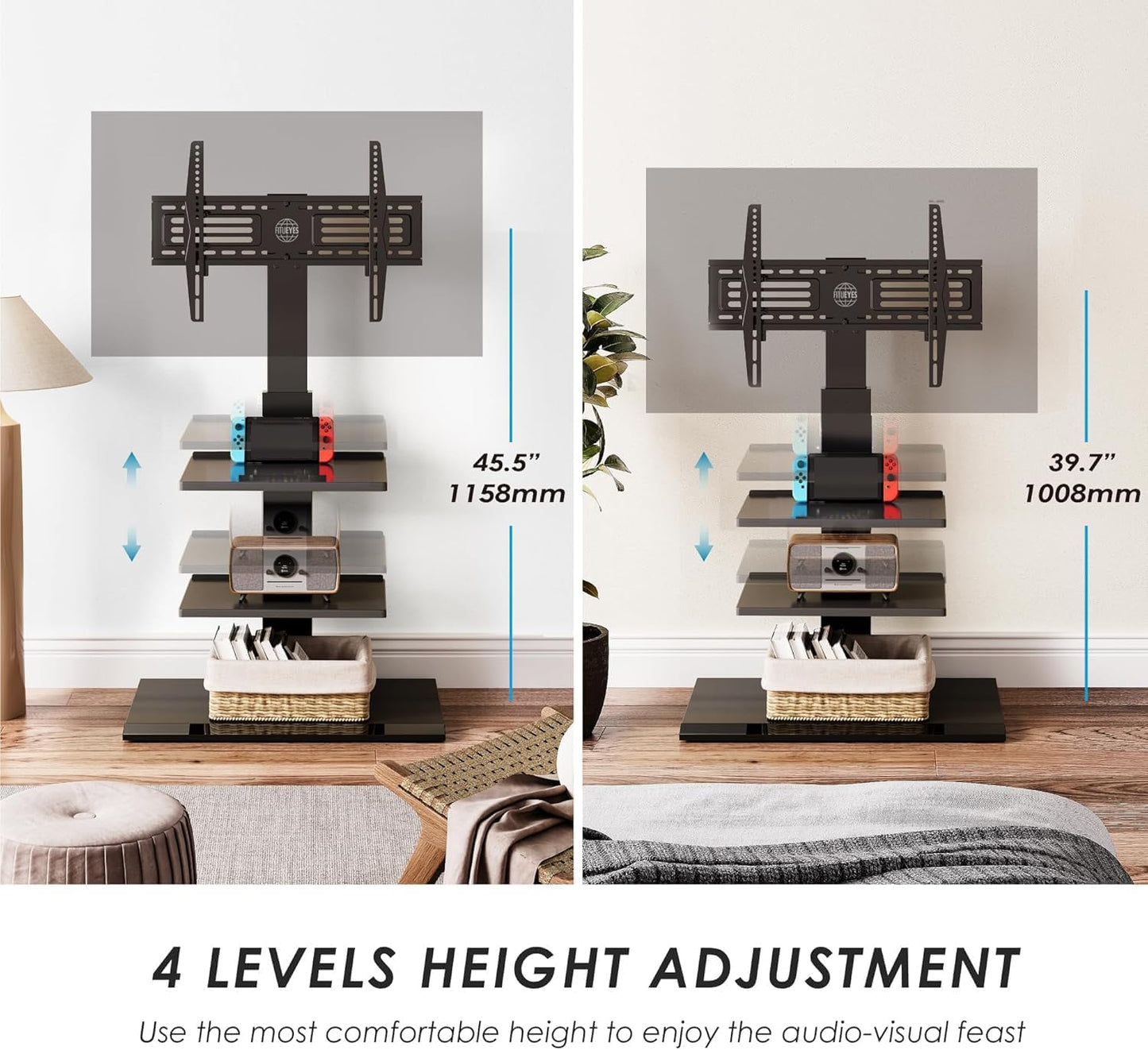 FITUEYES Iron Base Universal Floor TV Stand with Swivel Tilt, TV Mount Stand for 32-75 Inch Screens, Corner TV Stand with Height Adjustable Entertainment Shelves (Black)