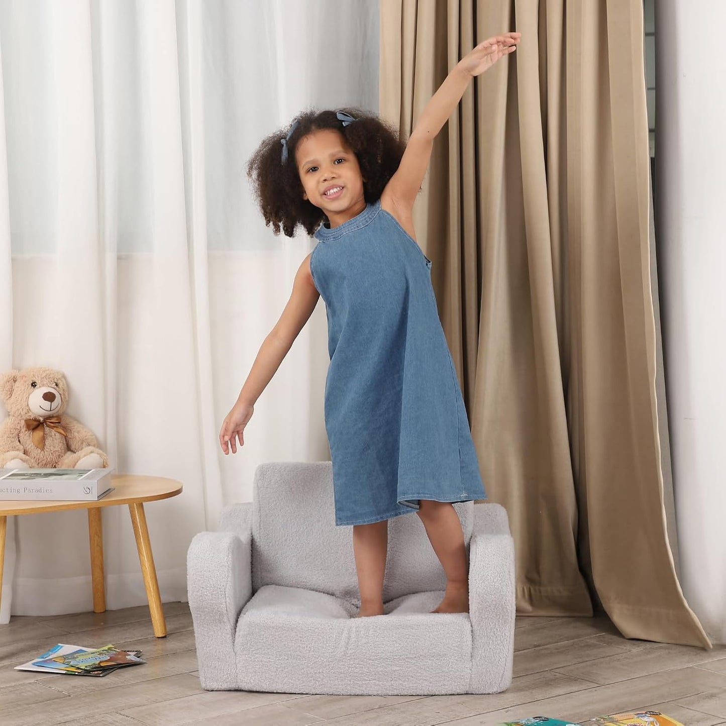 Comfy Toddler Chair, 2-in-1 Toddler Couch Fold Out, Convertible Sherpa Sofa to Lounger for Boys & Girls, Grey