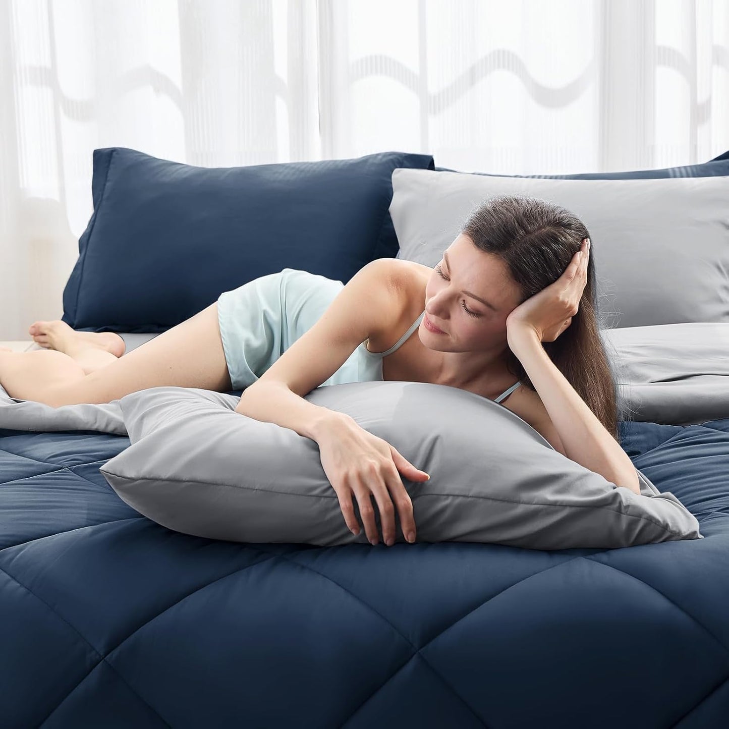 HEVUMYI Full Comforter Set - 7-Piece All Season Bed in a Bag Full, Ultra Soft Bedding Set with Comforter, Flat Sheet, Fitted Sheet, Pillowcases, Pillow Shams, Navy Blue & Light Grey