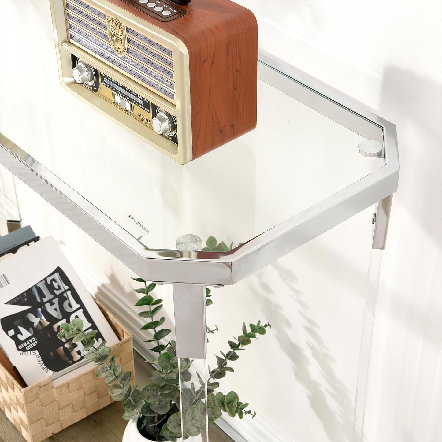 Glass Coffee Table, Clear Coffee Table with 2 Tiers, Acrylic Leg, Chrome Frame, Rectangular Center Table for Living Room (AST2017)