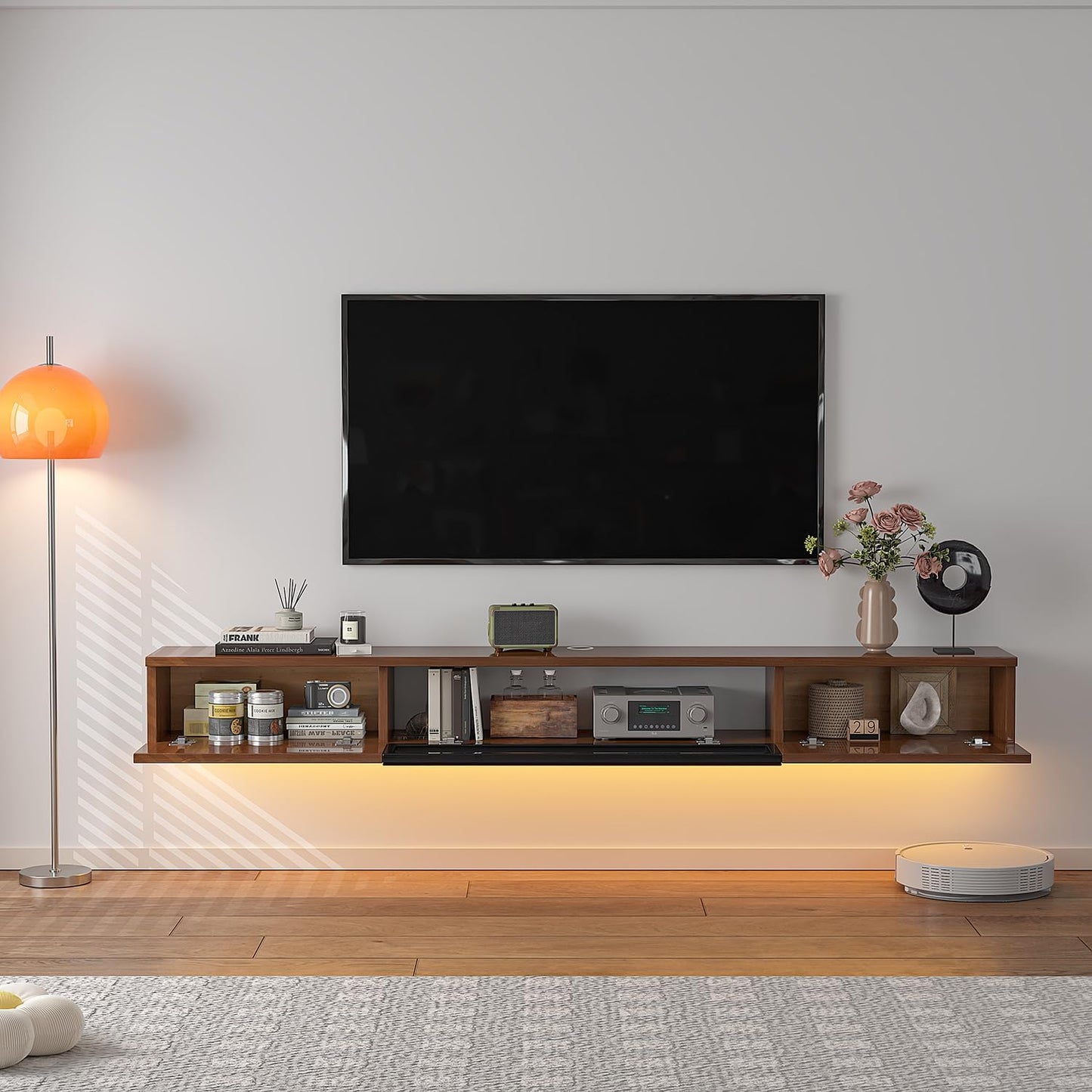 High Gloss Floating TV Stand,94'' Wall Mounted TV Console,Under TV Floating Shelf,Floating TV Cabinet with 3 Doors for Bedroom Living Room(Walnut)