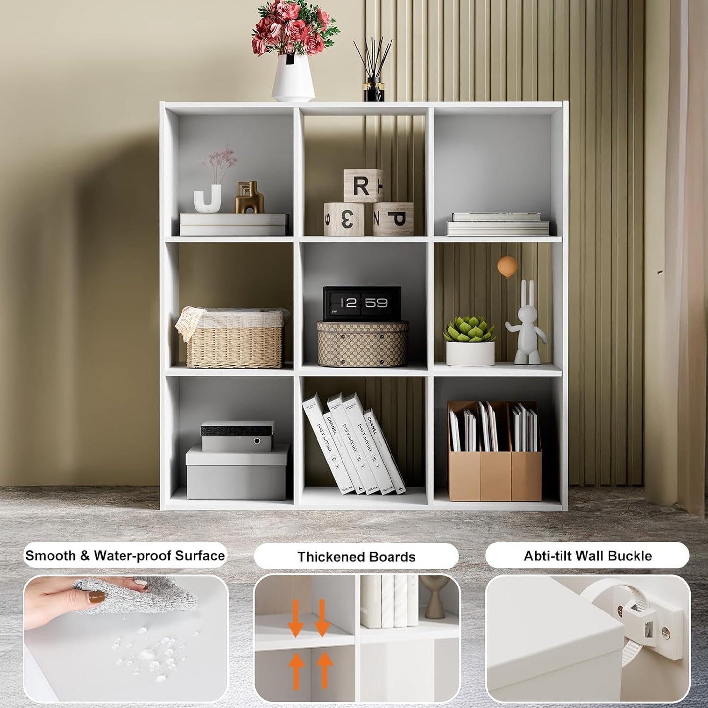 Sweetcrispy 9 Cube Storage Organizer - Open Cube Bookshelf with 5 Removable Back Panels, Display Storage Bookcase for Living Room, Bedroom, Entrance Hall, Home Office，36" L×11.6" W×36" H, White