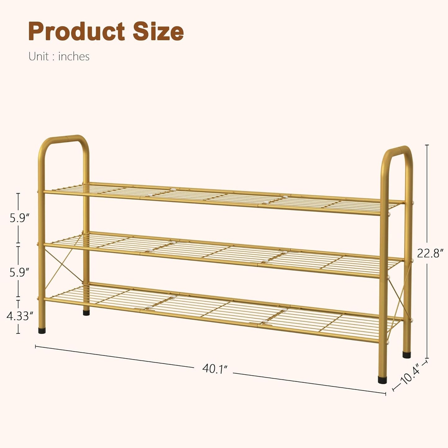 Hoctieon 3 Tier Mesh Style Shoe Rack, Entryway Shoe Shelf, Shoe Storage Organizer, Shoe Rack for Closet, Space Save for Bathroom, Garage, Hallway, Bedroom, Living Room, Gold