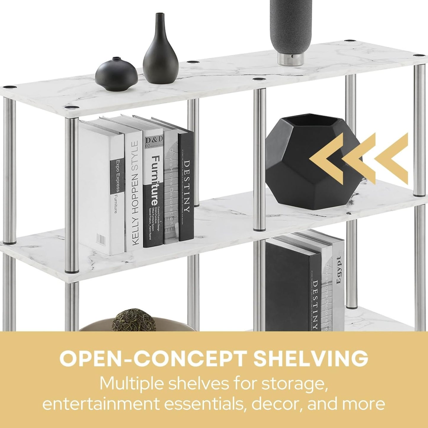 Convenience Concepts Designs2Go No Tools 3 Tier Wide Console Table 42" - Modern Accent with Shelves for TV Media Center, Office Desk Extension, Entryway Display, & Home Storage, White Faux Marble
