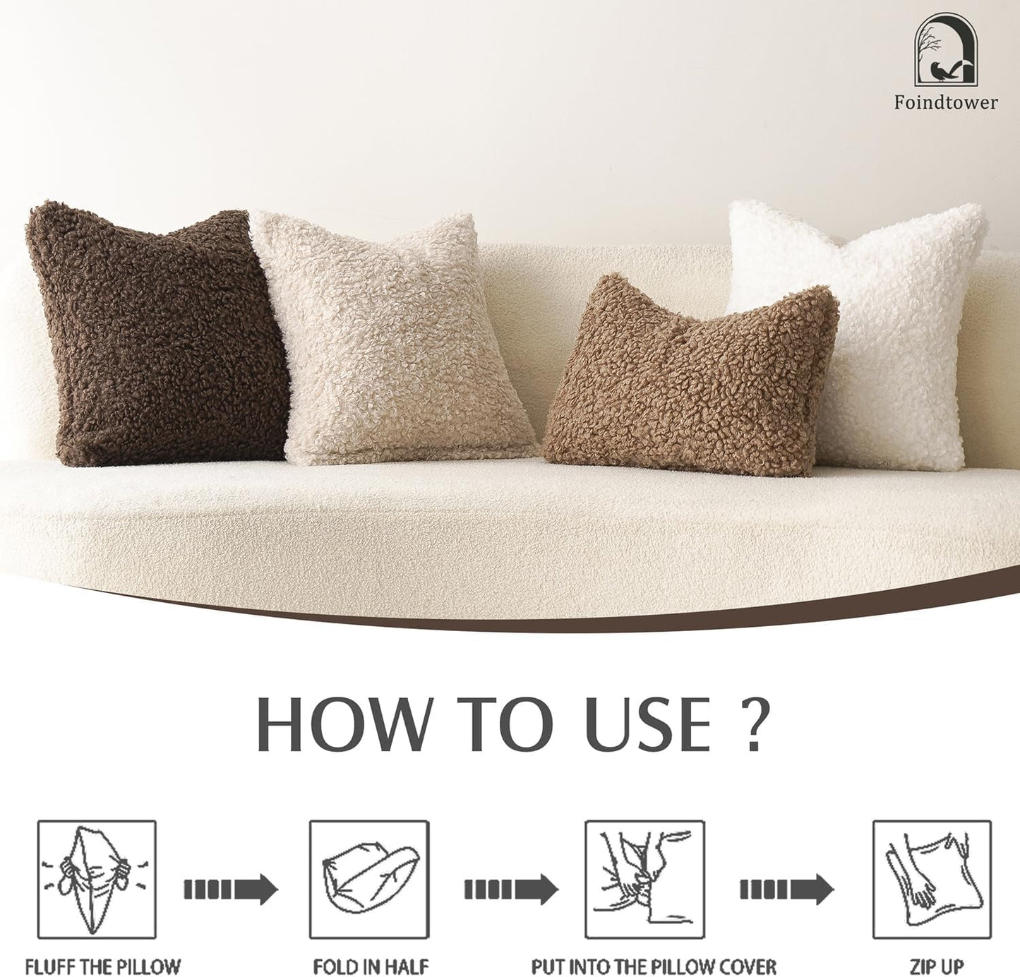 Foindtower 2 Pieces Faux Fur Throw Pillow Cover Accent Sherpa Pillow Fuzzy Soft Pillowcases Sheepskin Decorative Fleece Cushion Case for Bed Couch Living Room 18x18 Inch White