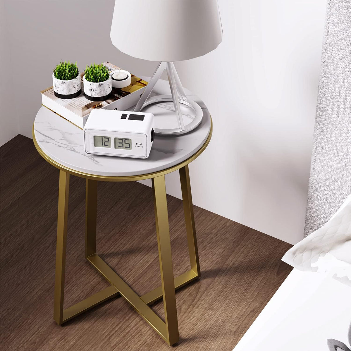 Round End Tables, Small Side Table White Marble Texture MDF Top,Metal Frame Gold Color, Tall End Table for Bed Room,Coffee Tea End Table for Living Room (White Marble+Gold)