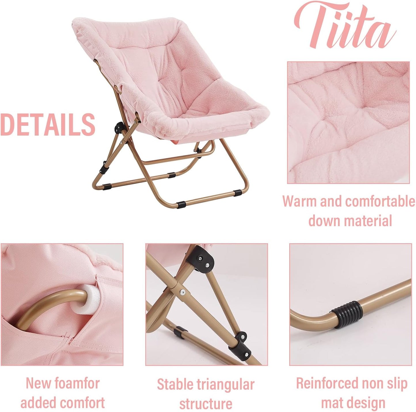 Tiita Comfy Folded Chair, Soft Faux Fur Oversized Folding Accent Chair, Lounge Lazy Chair for Kids Teens Adults, Metal Frame Moon Chair for Bedroom, Living Room, Dorm Rooms, X-Large Pink
