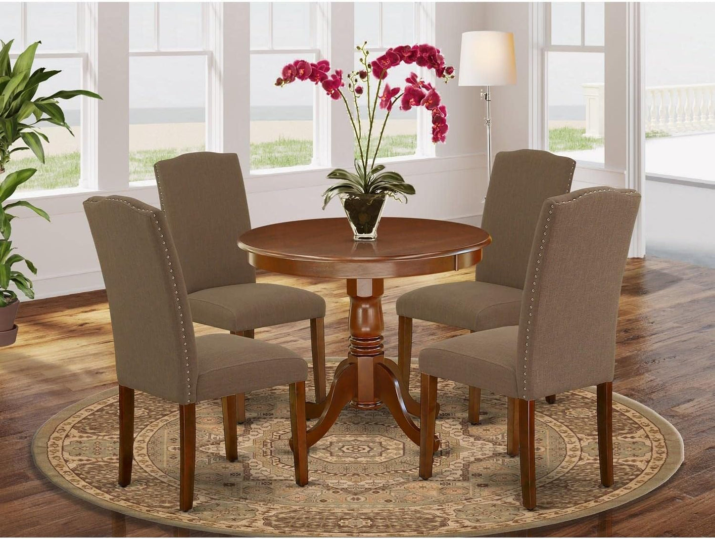 East West Furniture ANEN5-MAH-18 5 Piece Dining Table Set for 4 Includes a Round Kitchen Table with Pedestal and 4 Dark Coffee Linen Fabric Parson Dining Chairs, 36x36 Inch, Mahogany