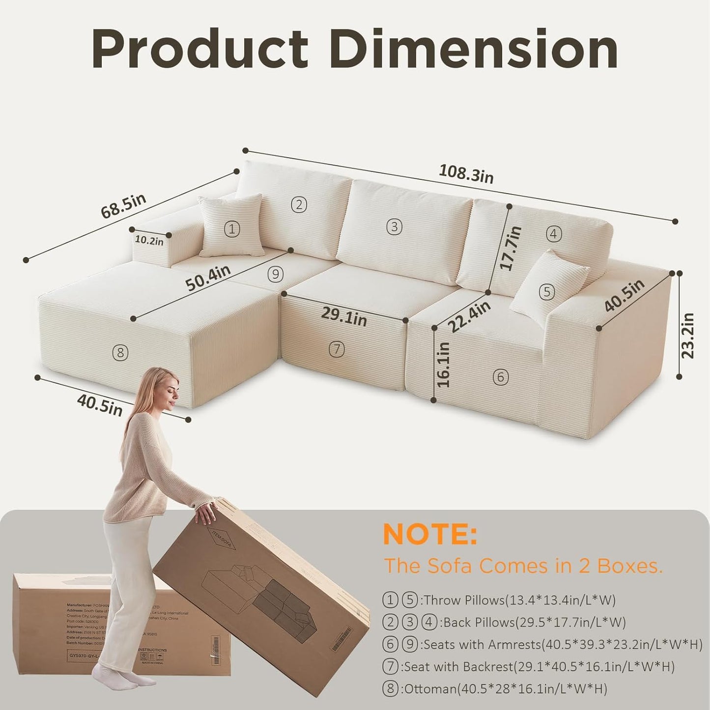 INGEROOM 108" Cloud Sectional Couch, Modular Sectional Sofa with L-Shaped Chaise, Modern Plush Corduroy Couch for Living Room Bedroom, No Assembly Required, Deep Seating（Beige）
