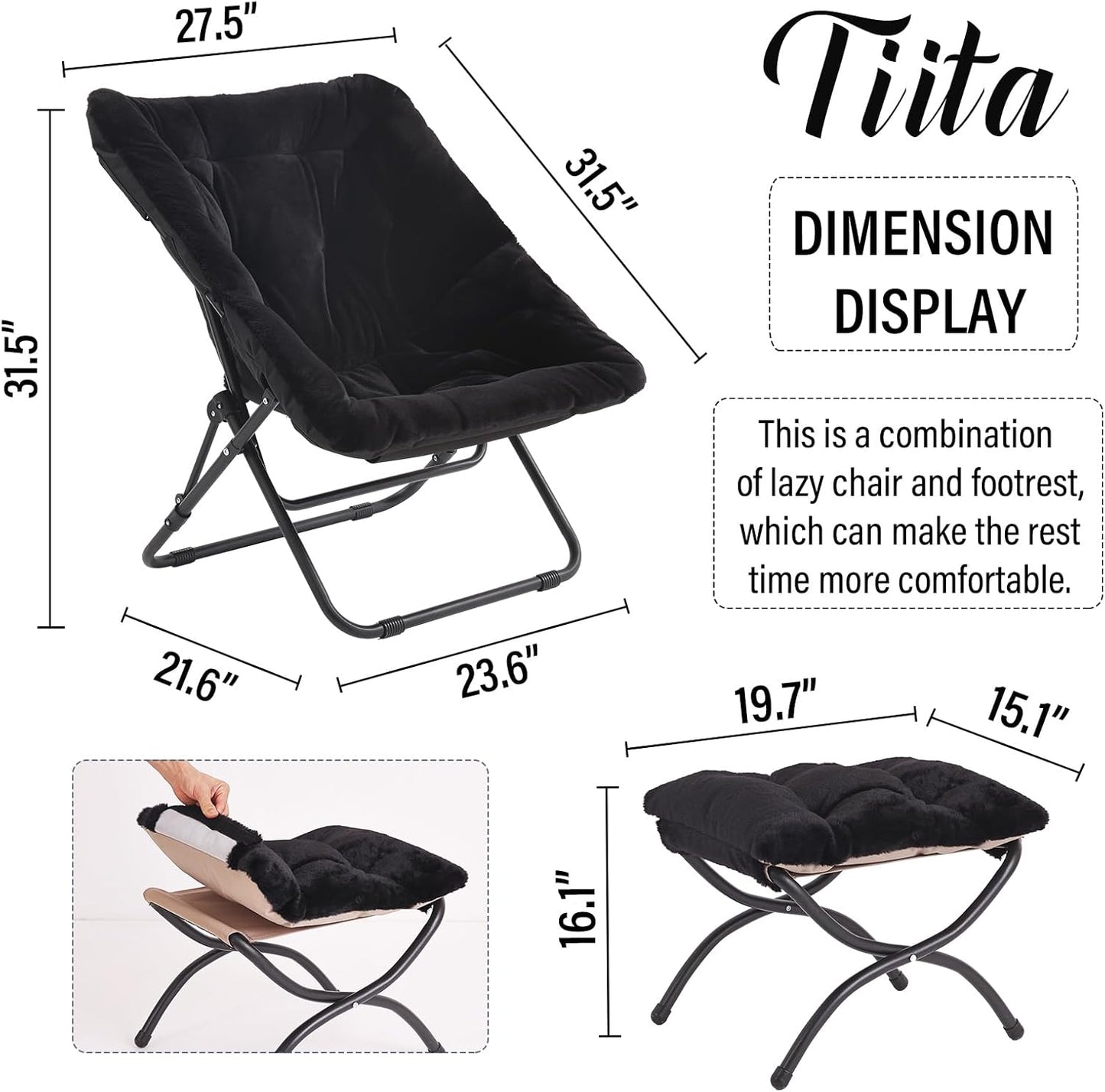 Tiita Folded Chair with Ottoman, Soft Faux Fur Oversized Folding Accent Chair,Lounge Lazy Chair, Metal Frame Moon Chair for Bedroom, Living Room, Dorm Rooms, Garden and Courtyard