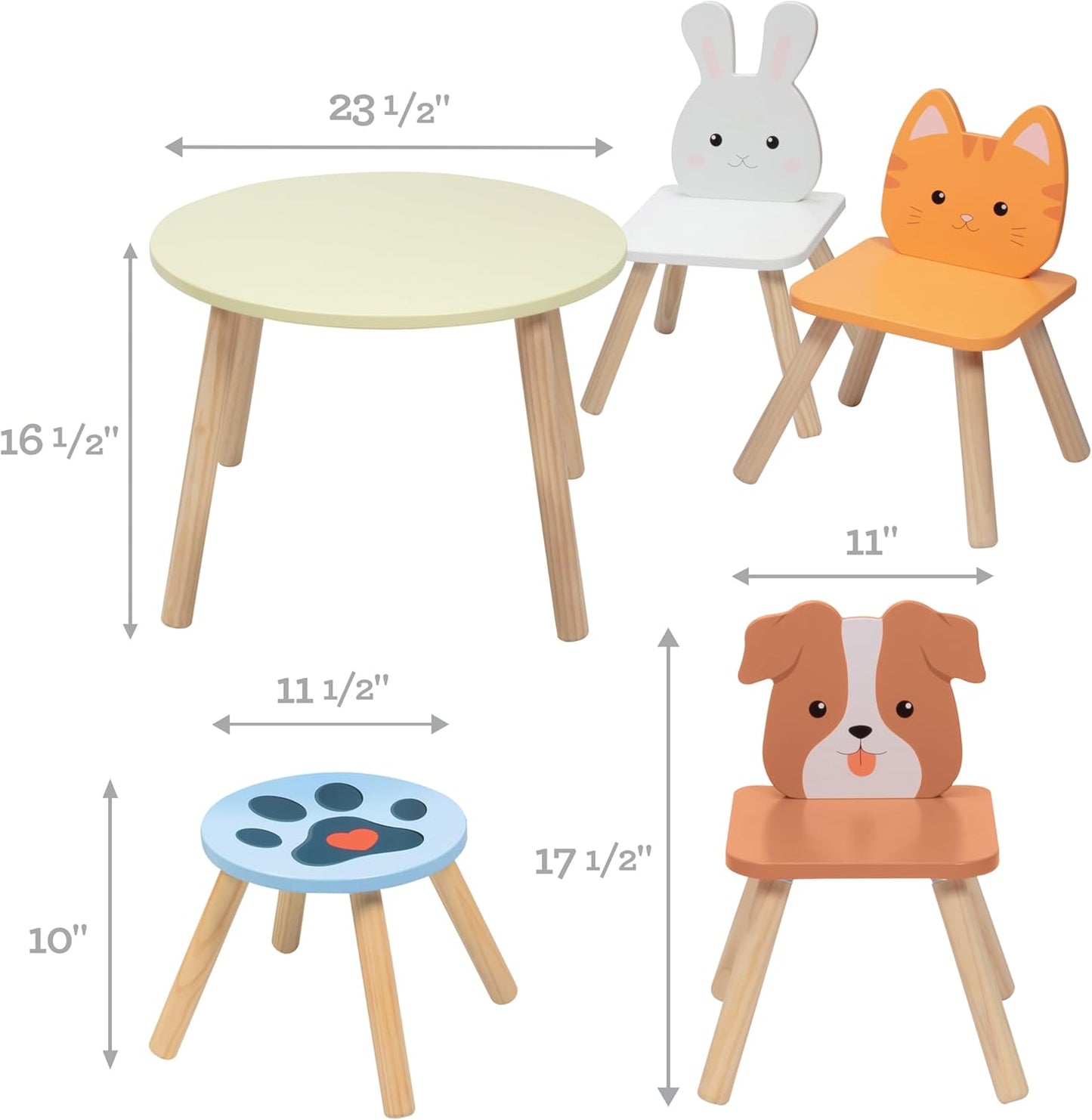 Kids Wooden Animal Table & Chair Set w 4 Seats- Puppy Kitten Bunny Plus Adult Stool for Arts Crafts Activity, Dining, Pretend Play- Durable Playroom Furniture for Home, Daycare Classroom- Toddler Gift