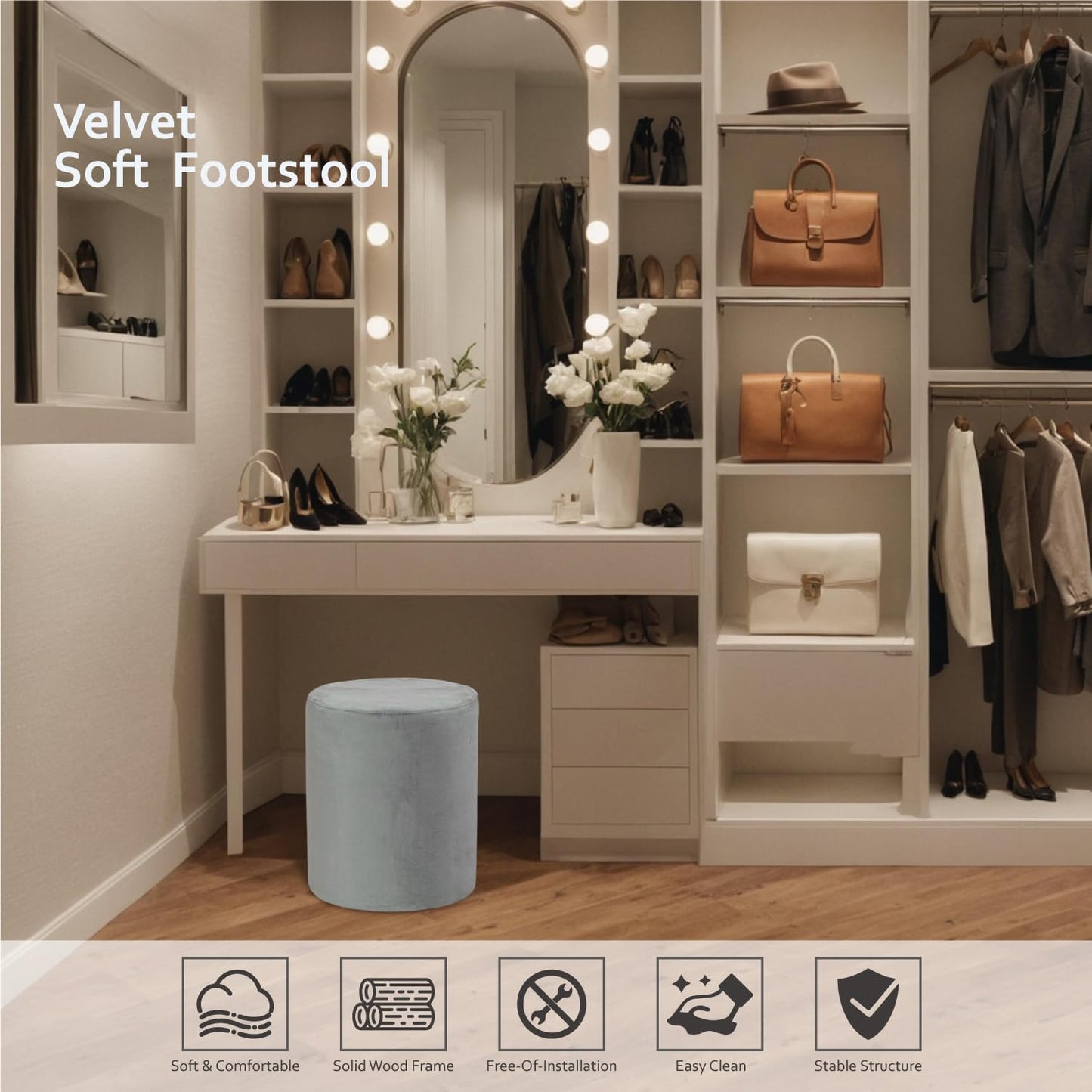 Get Set Style Modern Round Ottoman with Soft Padded Seat, Multifunctional Vanity Stool for Makeup, Upholstered Footrest Stool Ottoman Foot Stool for Living Room, Bedroom
