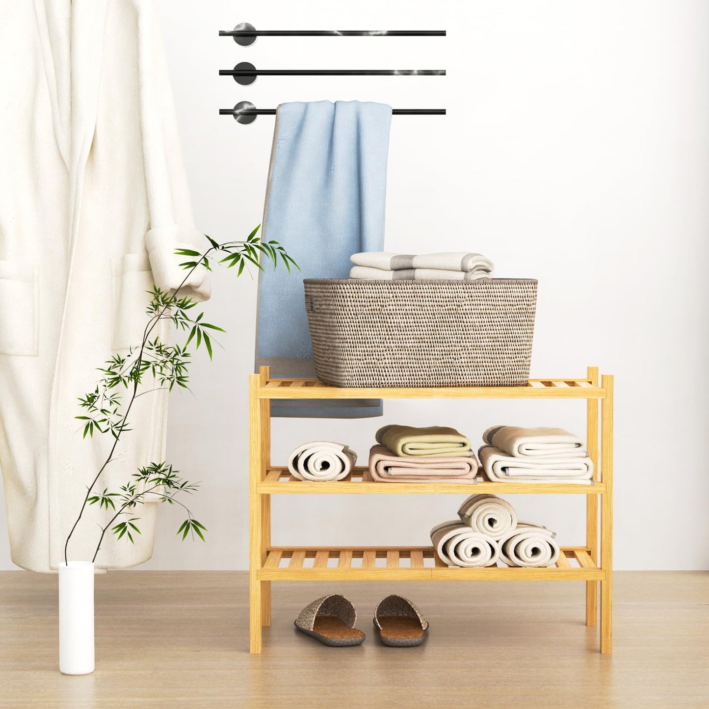 Shoe Rack 3-Tier Organizer-Stackable Storage Shelf with Multi-Function Combinations-Free Standing Bamboo Shoe Racks for Closet,Entryway,Hallway,Bathroom,Living Room Shoe Organization (Natural,3-Tier)