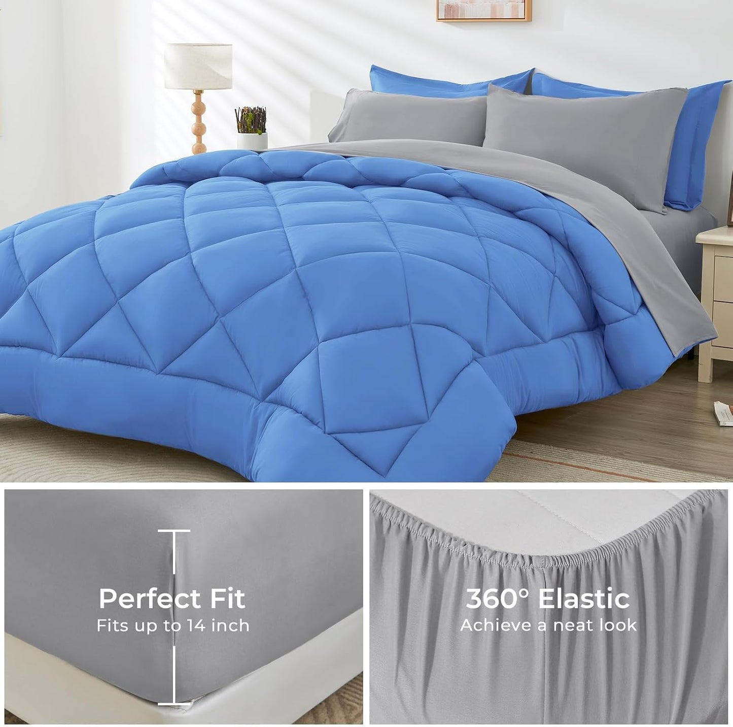 HEVUMYI Royal Blue & Light Grey Twin-XL Comforter Set - 5-Piece All Season Bed in a Bag Twin-XL, Ultra Soft Bedding Set with Comforter, Flat Sheet, Fitted Sheet, Pillowcases, Pillow Shams, Royal Blue