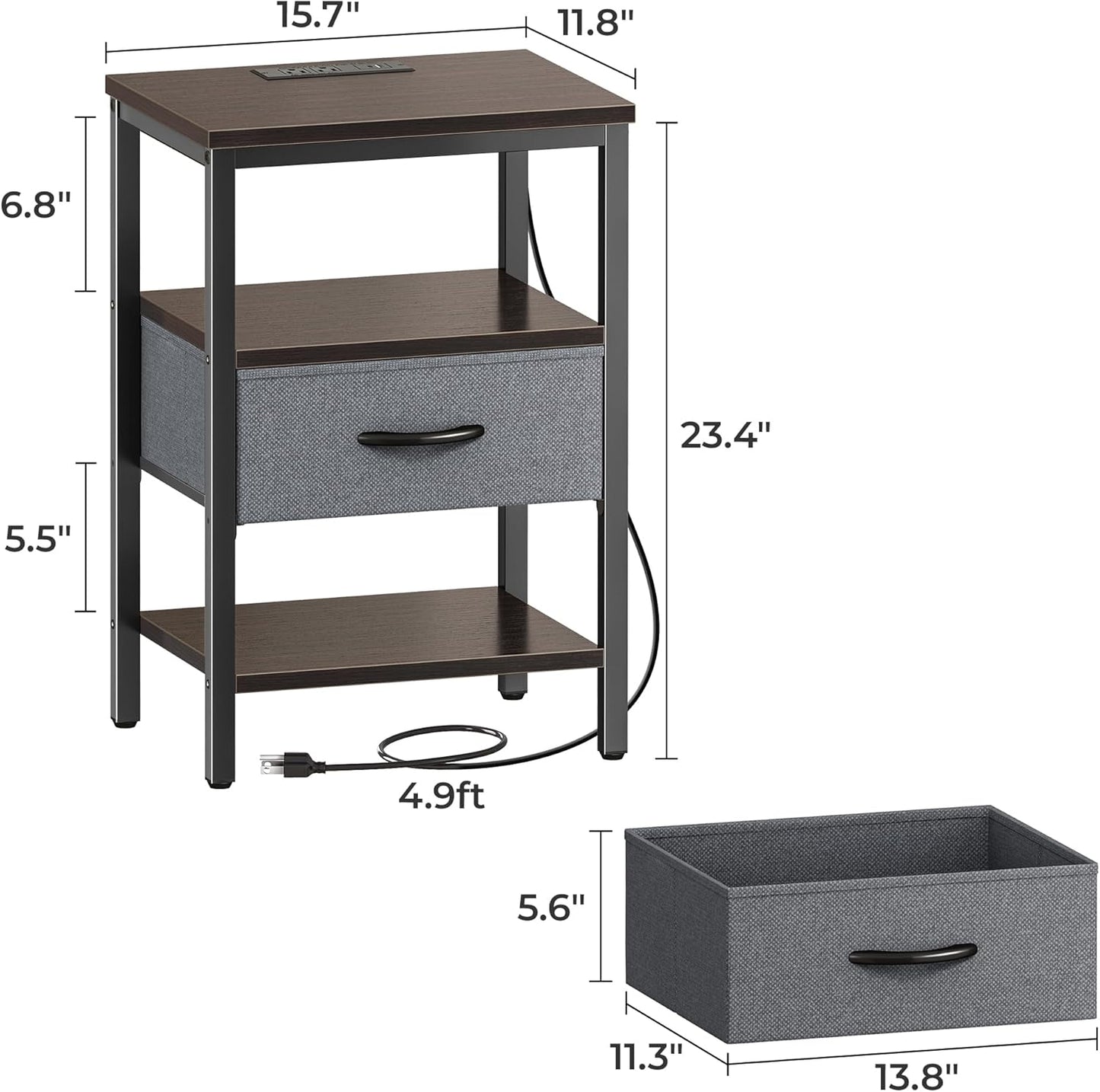 SUPERJARE Nightstand with Charging Station, Bed Side Table with Adjustable Fabric Drawer, Night Stand for Bedroom, 3-Tier Storage End Table, for Living Room - Walnut