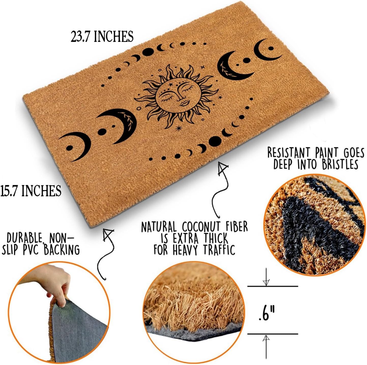 Funny Coir Doormat Sun and Moon Phase Magic Moon Door Mats for Entryway Decor Outdoor Mat with Heavy Duty Front Porch Welcome Mats Entry Natural Coir House Warming Gift Mat 23.7 x 15.7 inch